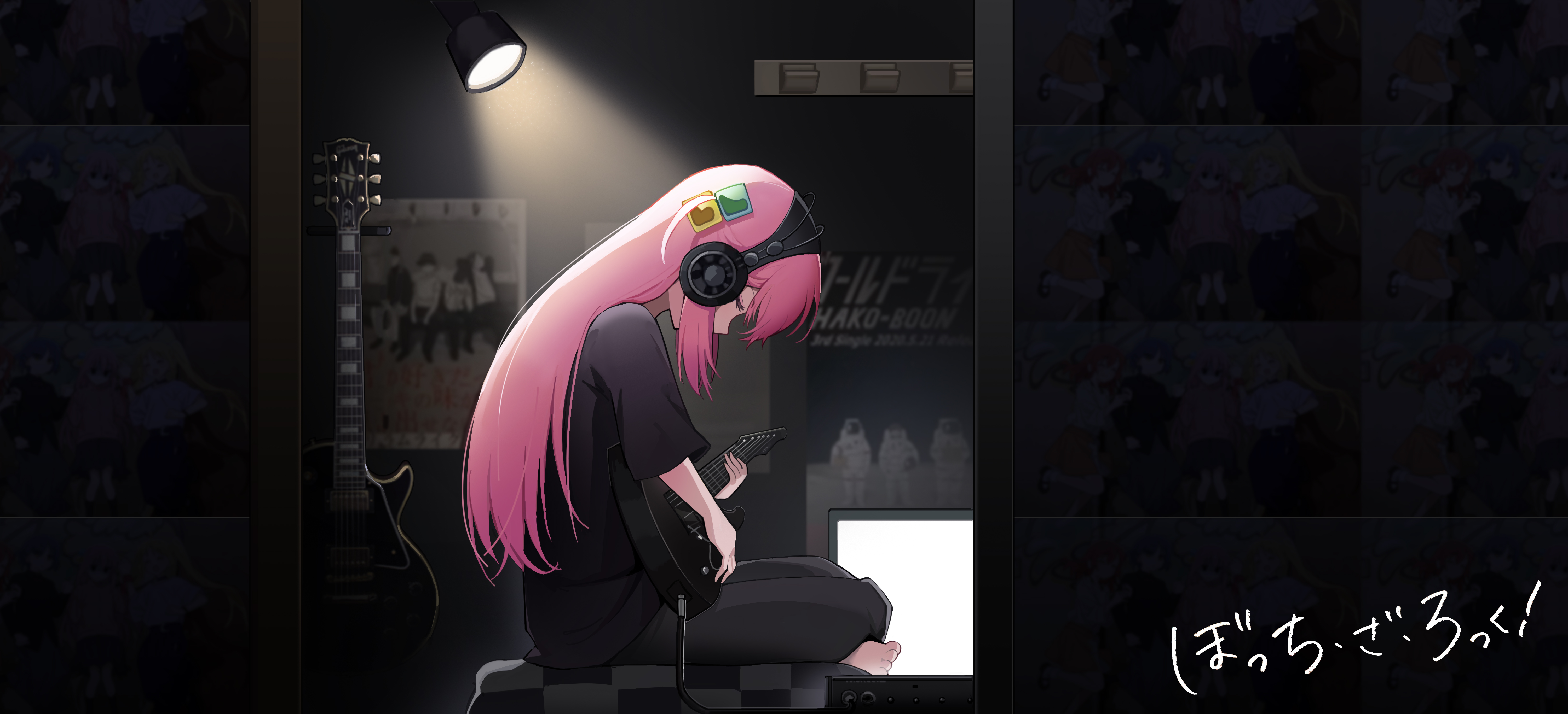 Gotou Hitori playing guitar with headphones HD Wallpaper