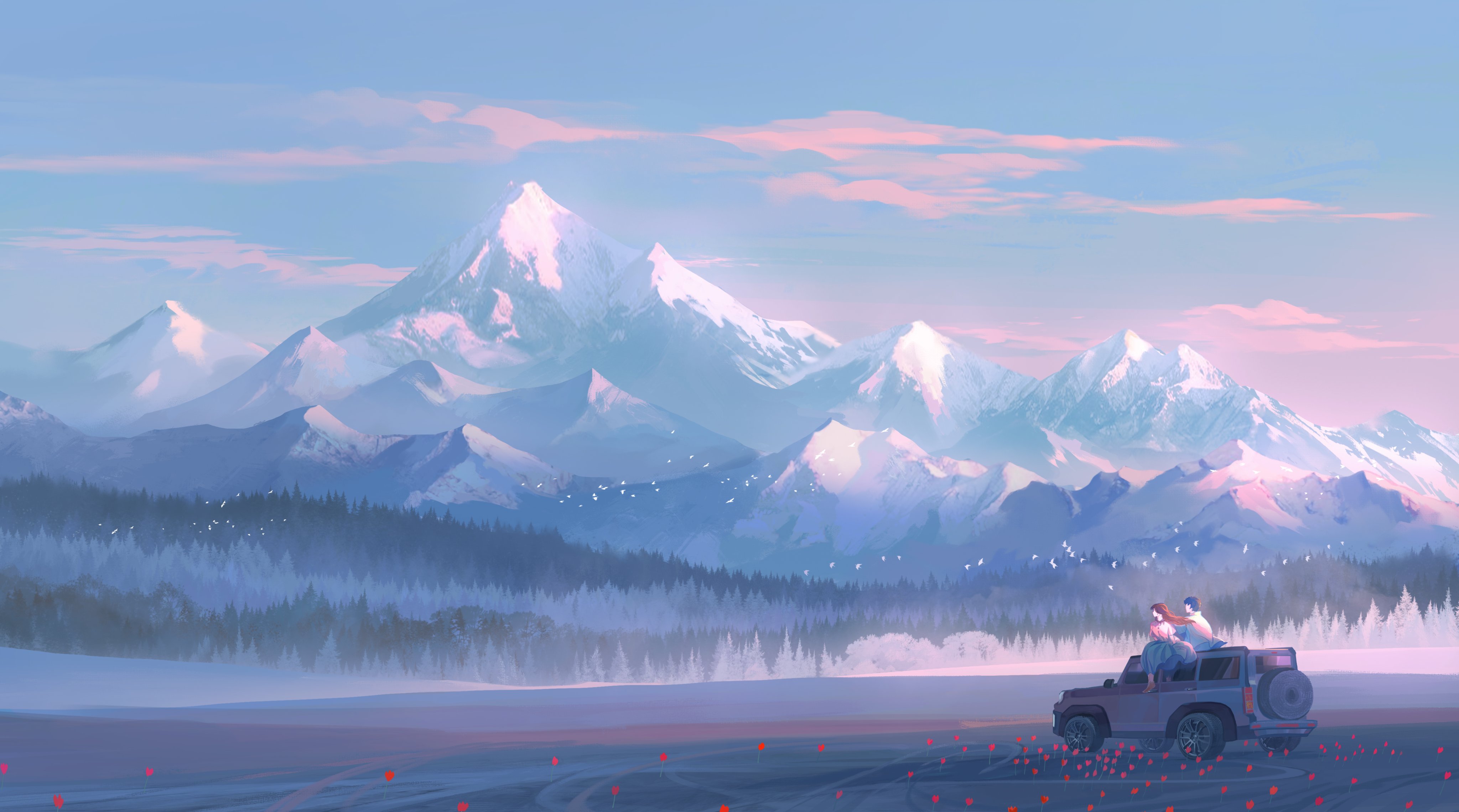 SUV with couple in front of snow-capped mountains HD Wallpaper