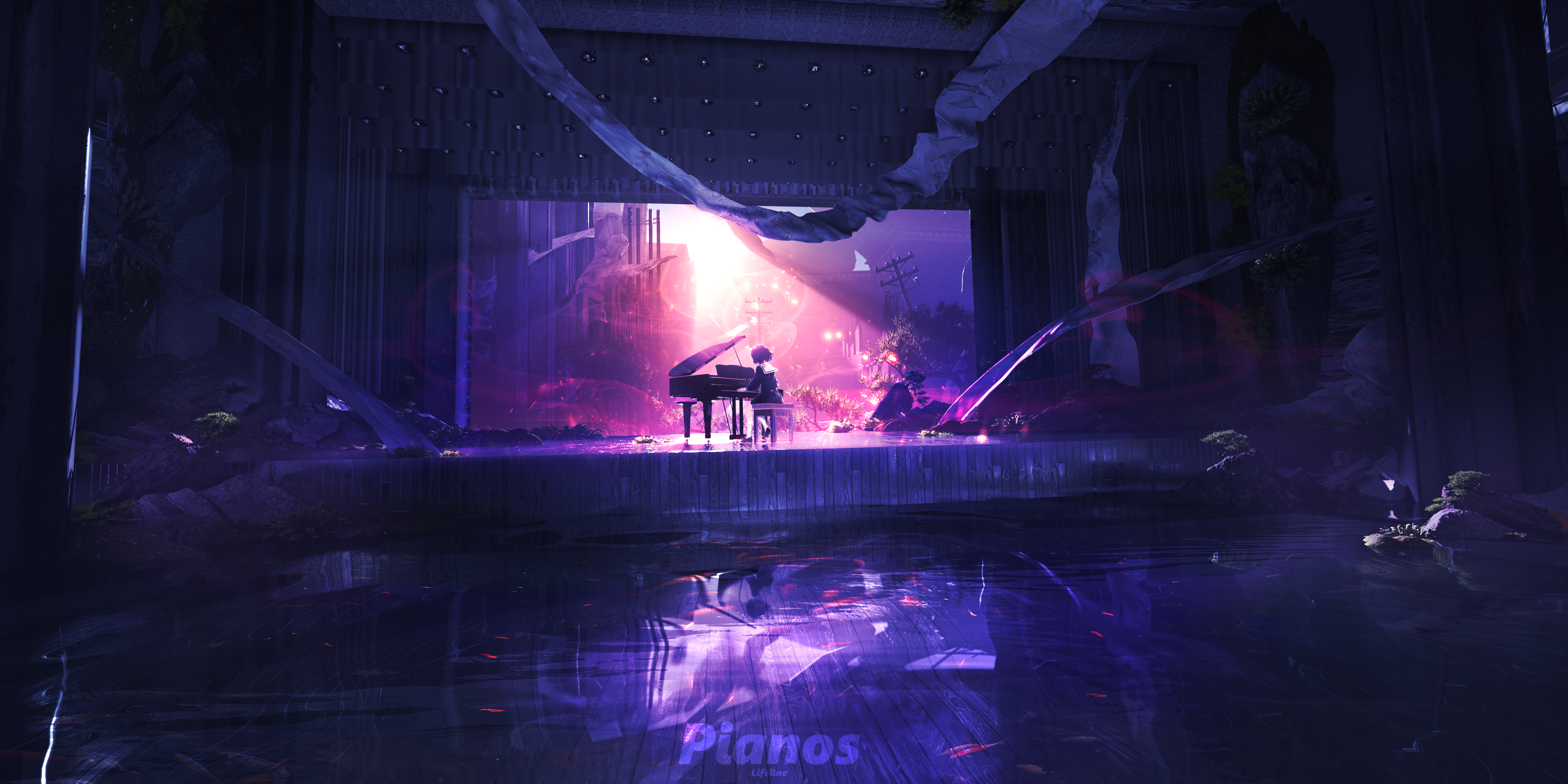 A person plays the piano on a stage with purple lighting HD Wallpaper