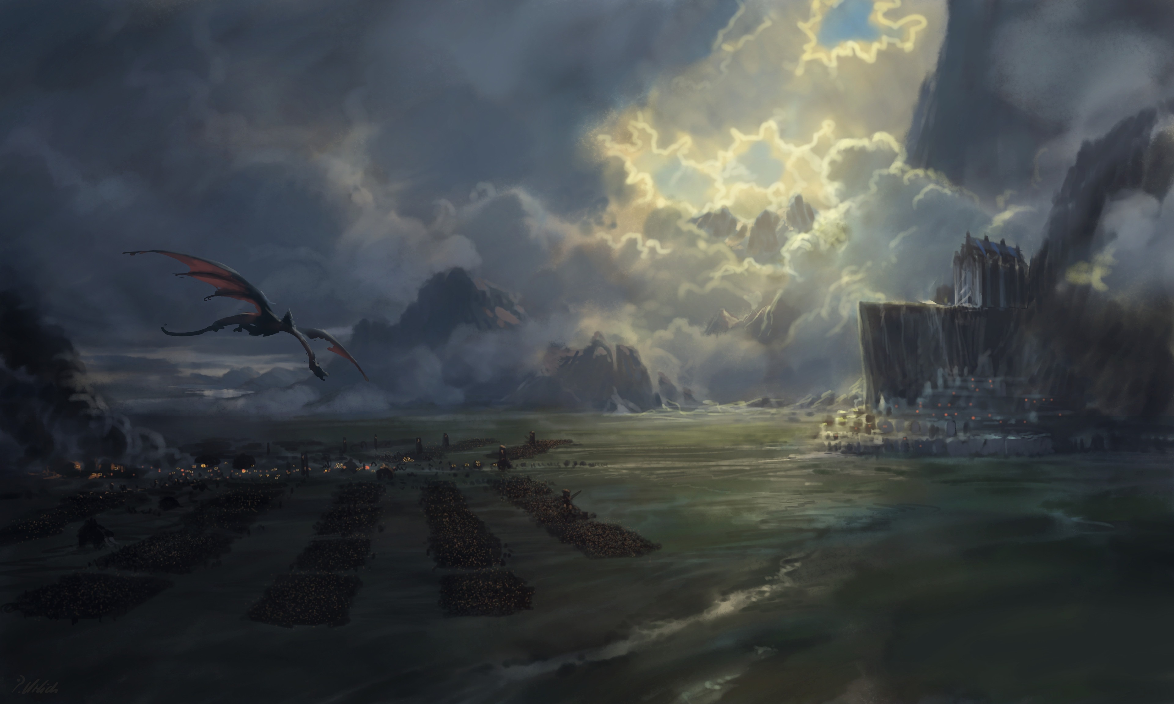 Nazgûl flying over a city with Minas Tirith in the background HD Wallpaper