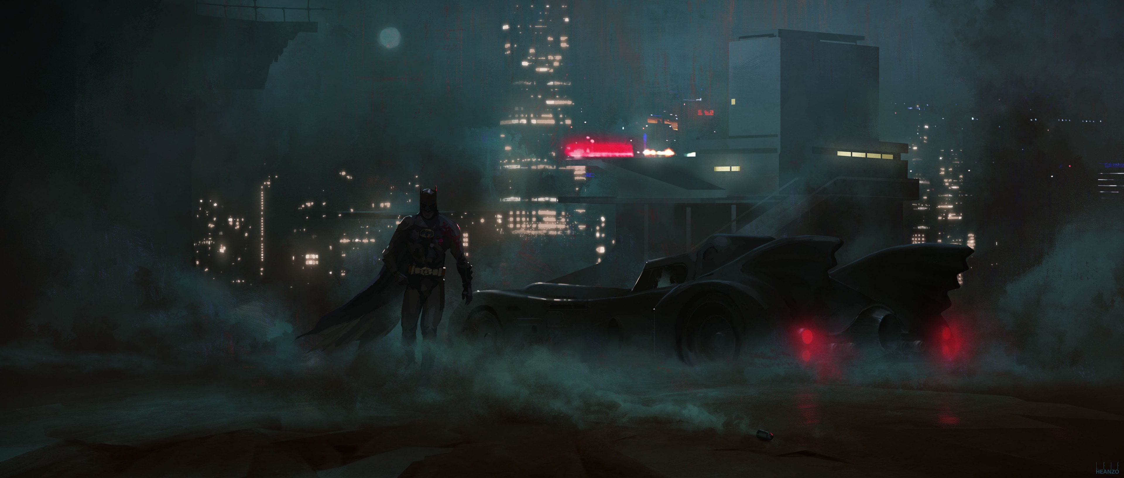 Batman and Batmobile in a foggy city at night HD Wallpaper