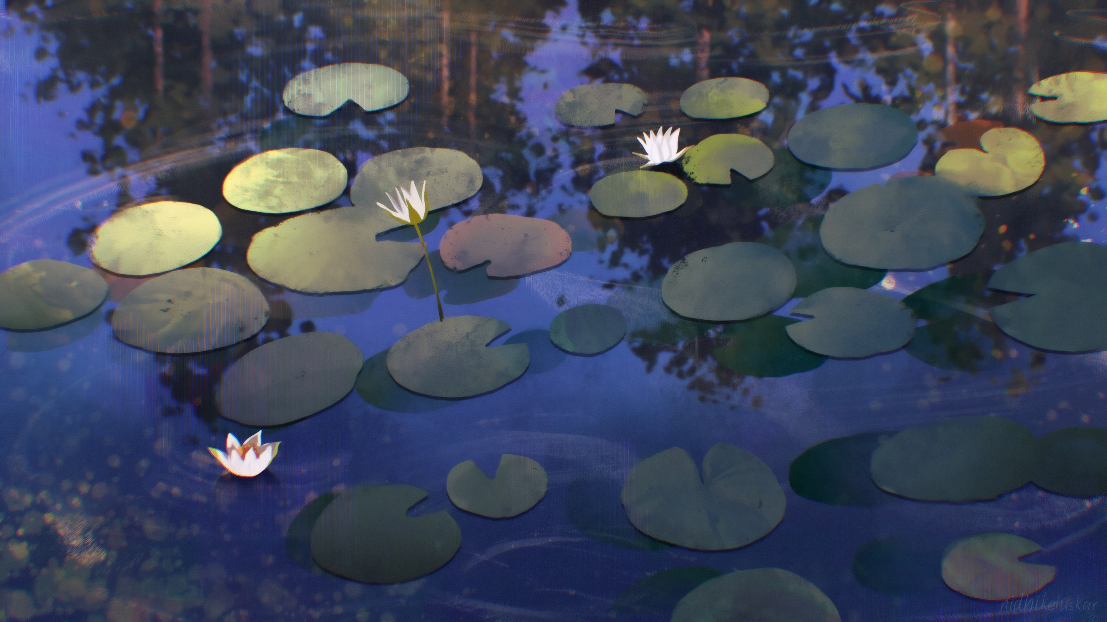 Digital art of water lilies reflecting in a pond HD Wallpaper