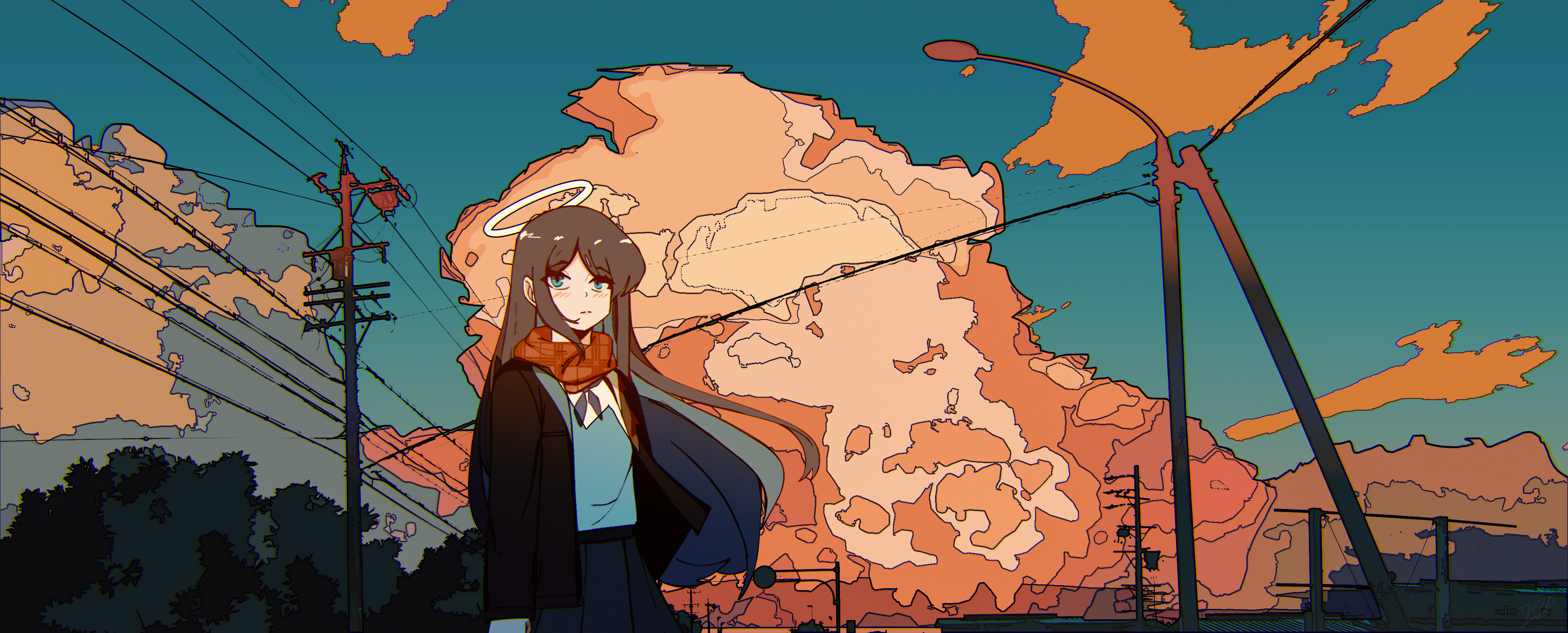 Anime girl with halo and orange clouds HD Wallpaper