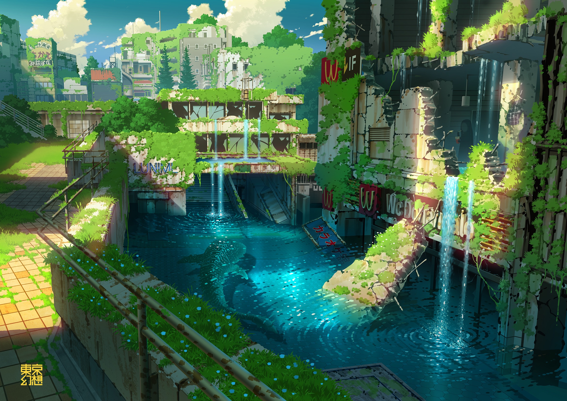 Ruined futuristic city with overgrown buildings and waterfalls HD Wallpaper
