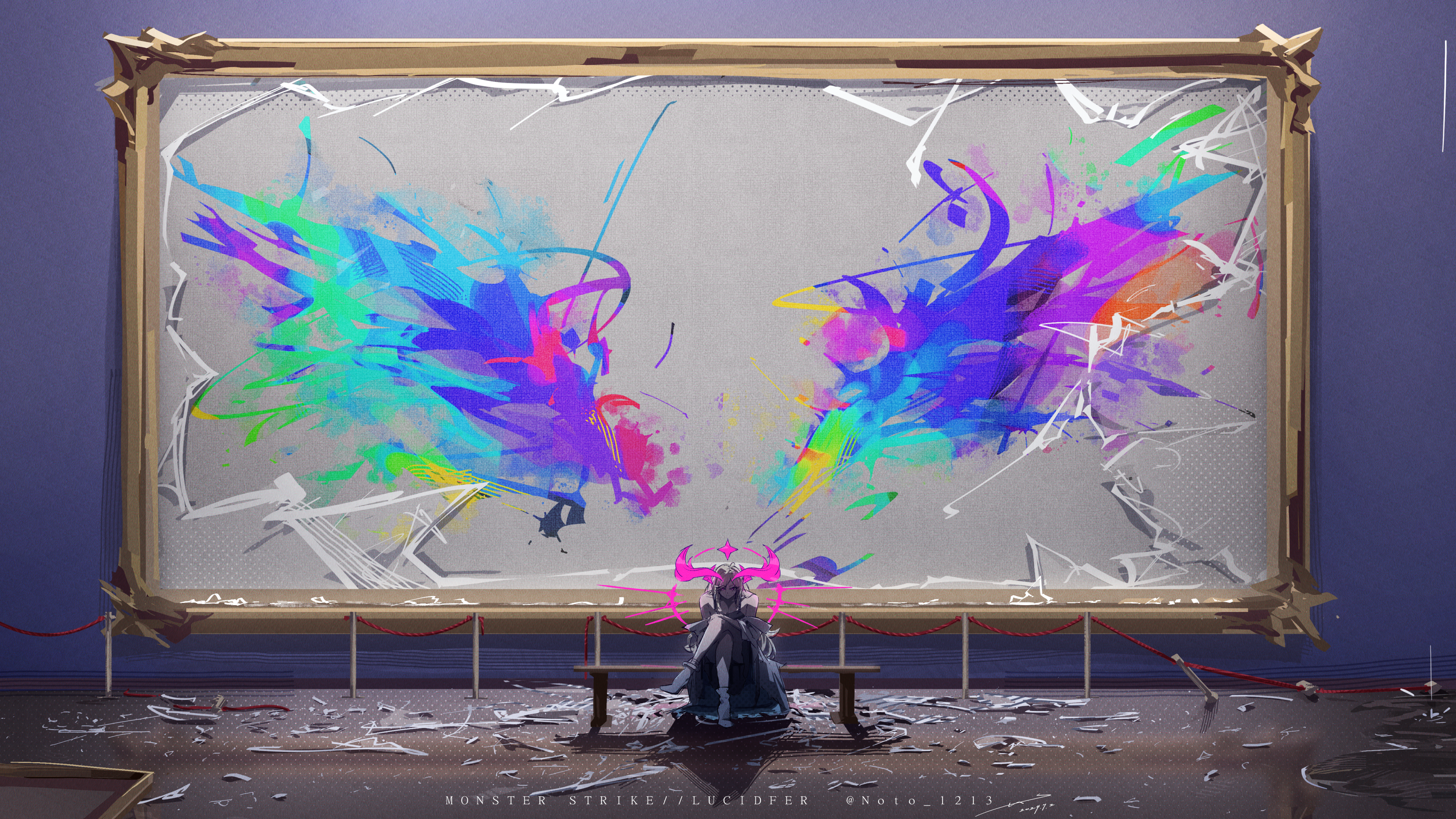 Lucifer (Monster Strike) in front of a shattered painting HD Wallpaper