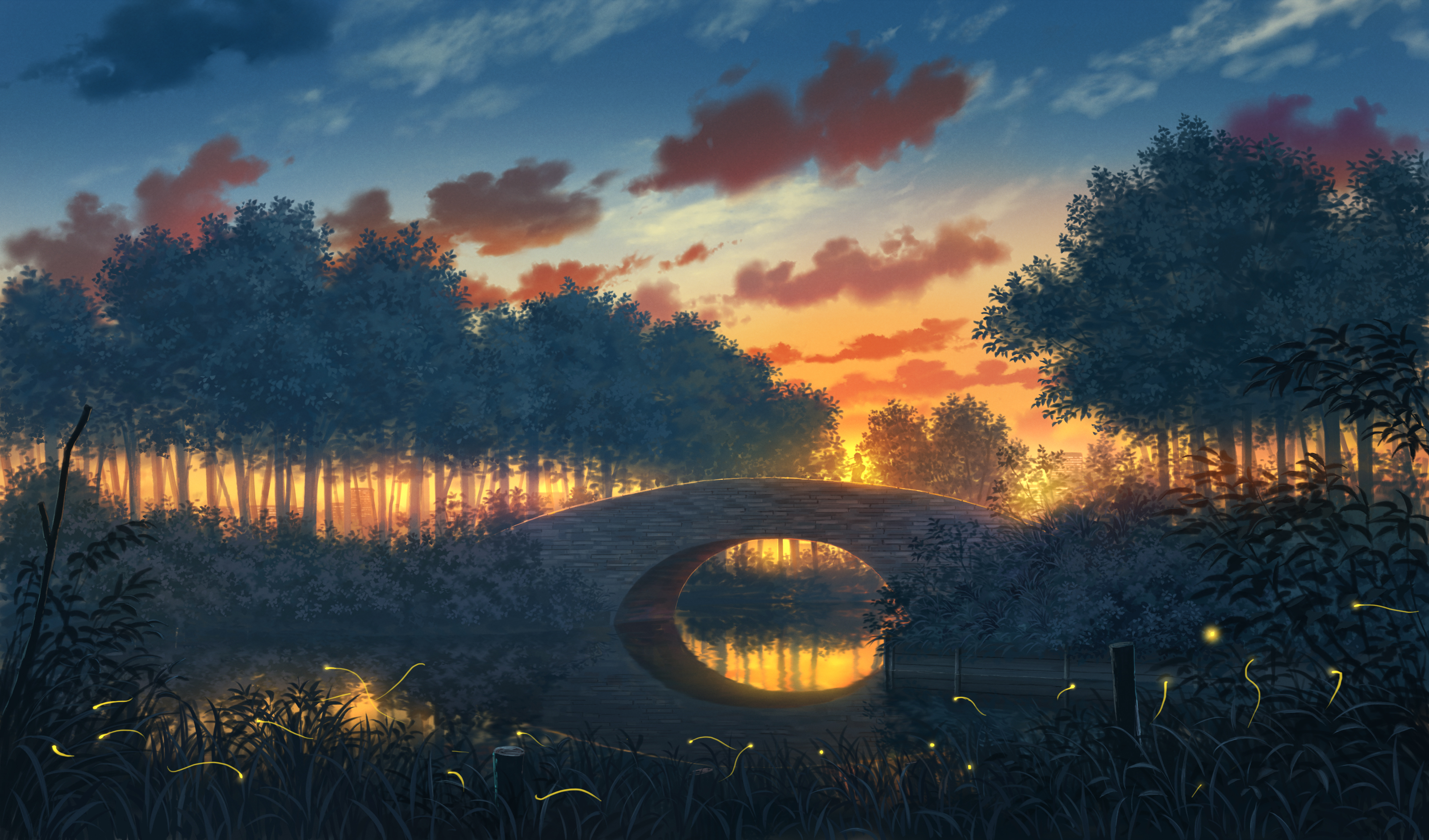Scenery of a bridge at twilight with fireflies HD Wallpaper