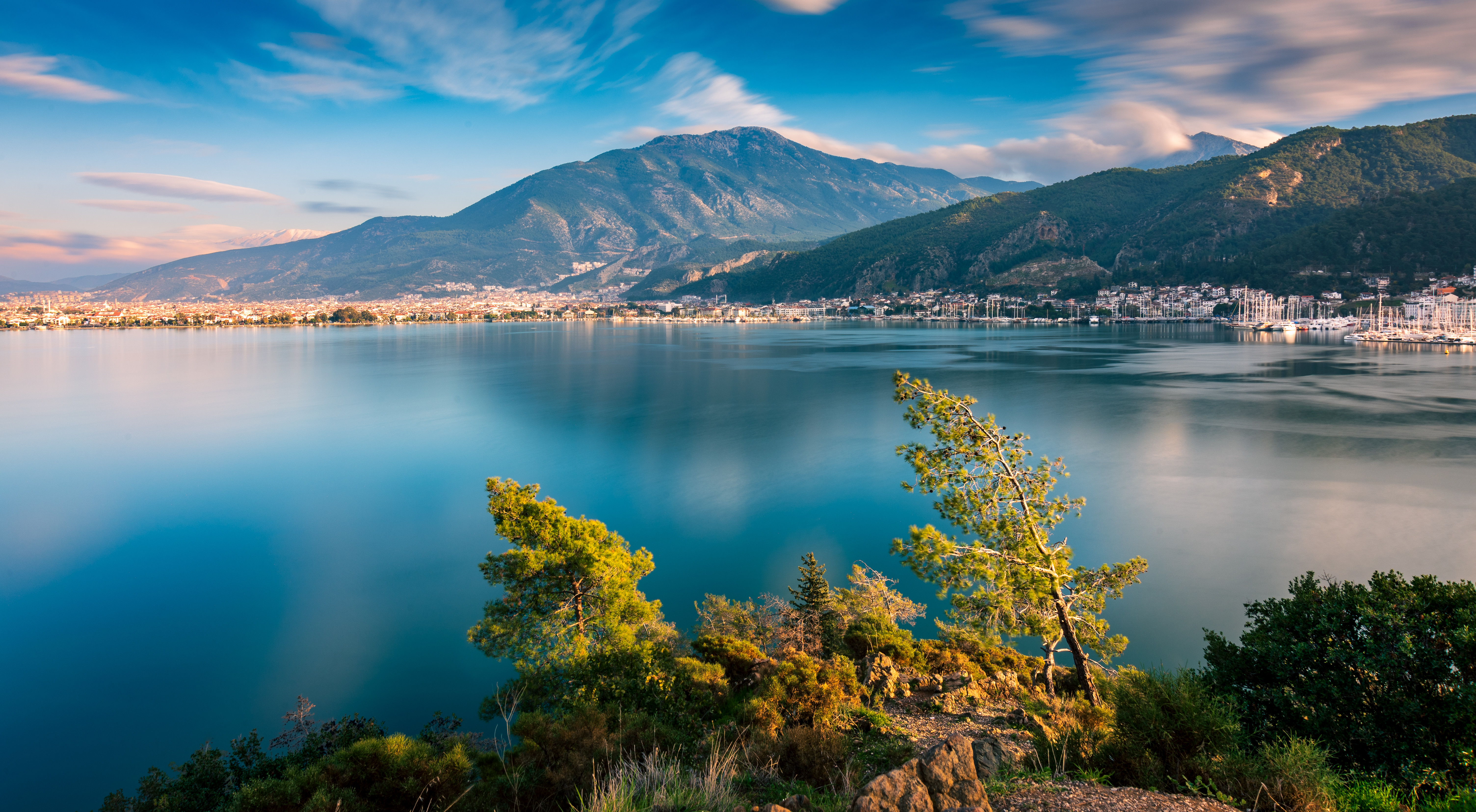 Lake with mountains and trees in the foreground HD Wallpaper