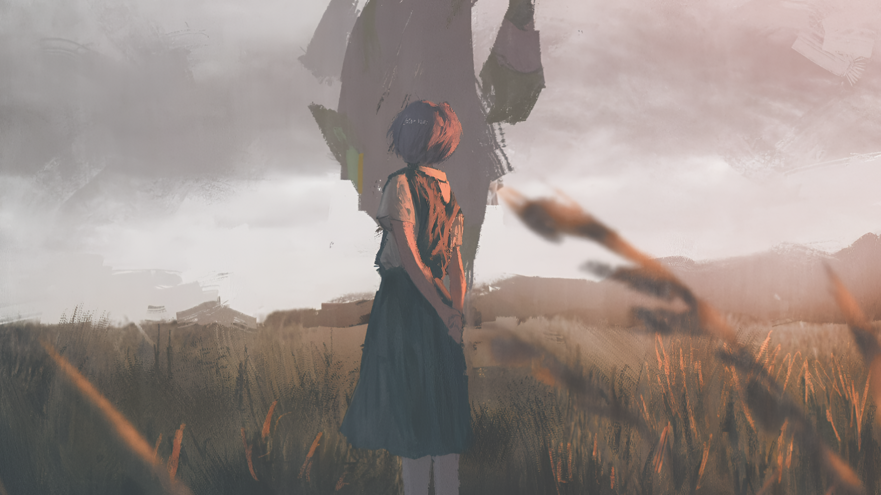 Ayanami Rei standing in a field with a giant robot HD Wallpaper