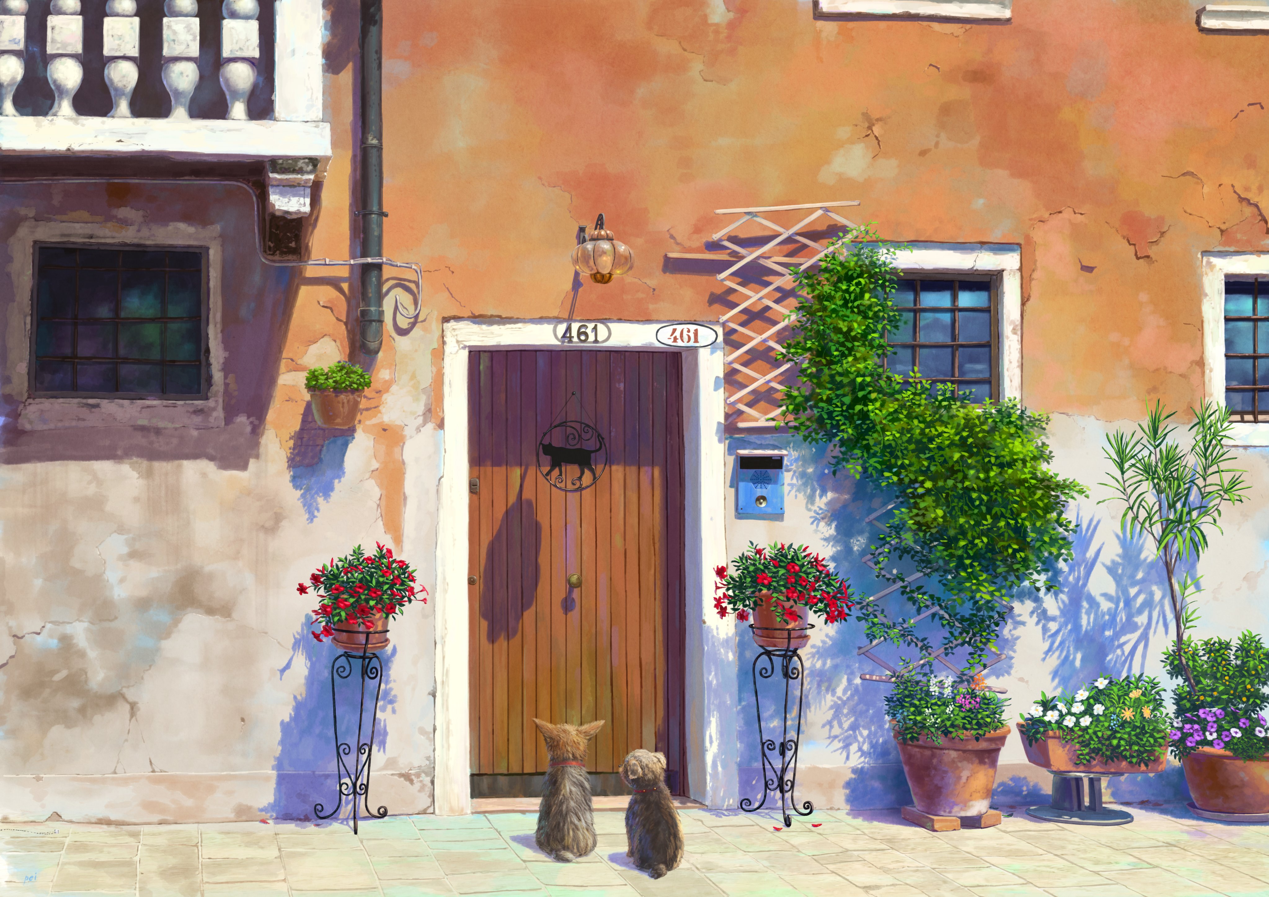 Kuroneko No Pei cats at a house entrance HD Wallpaper