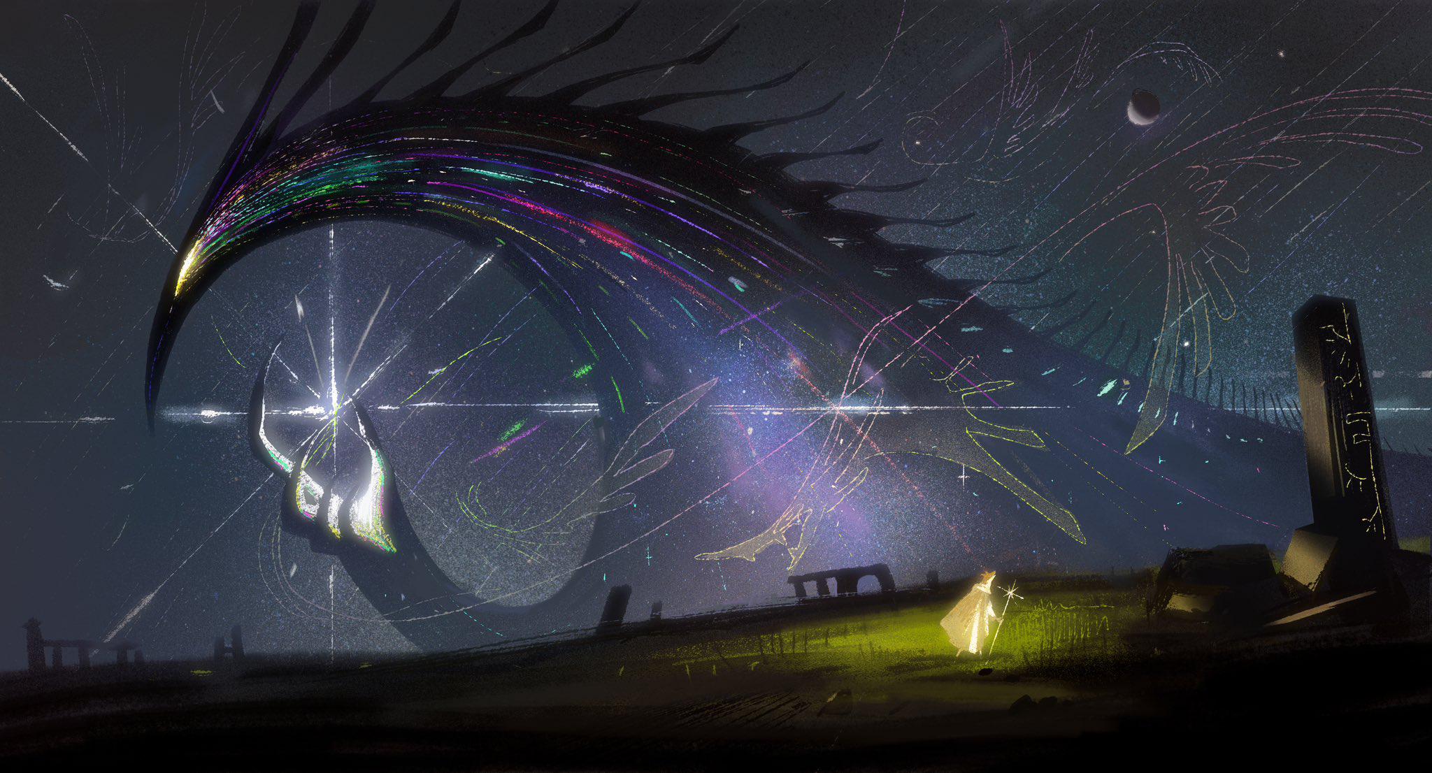 Creature in a celestial landscape with a person HD Wallpaper