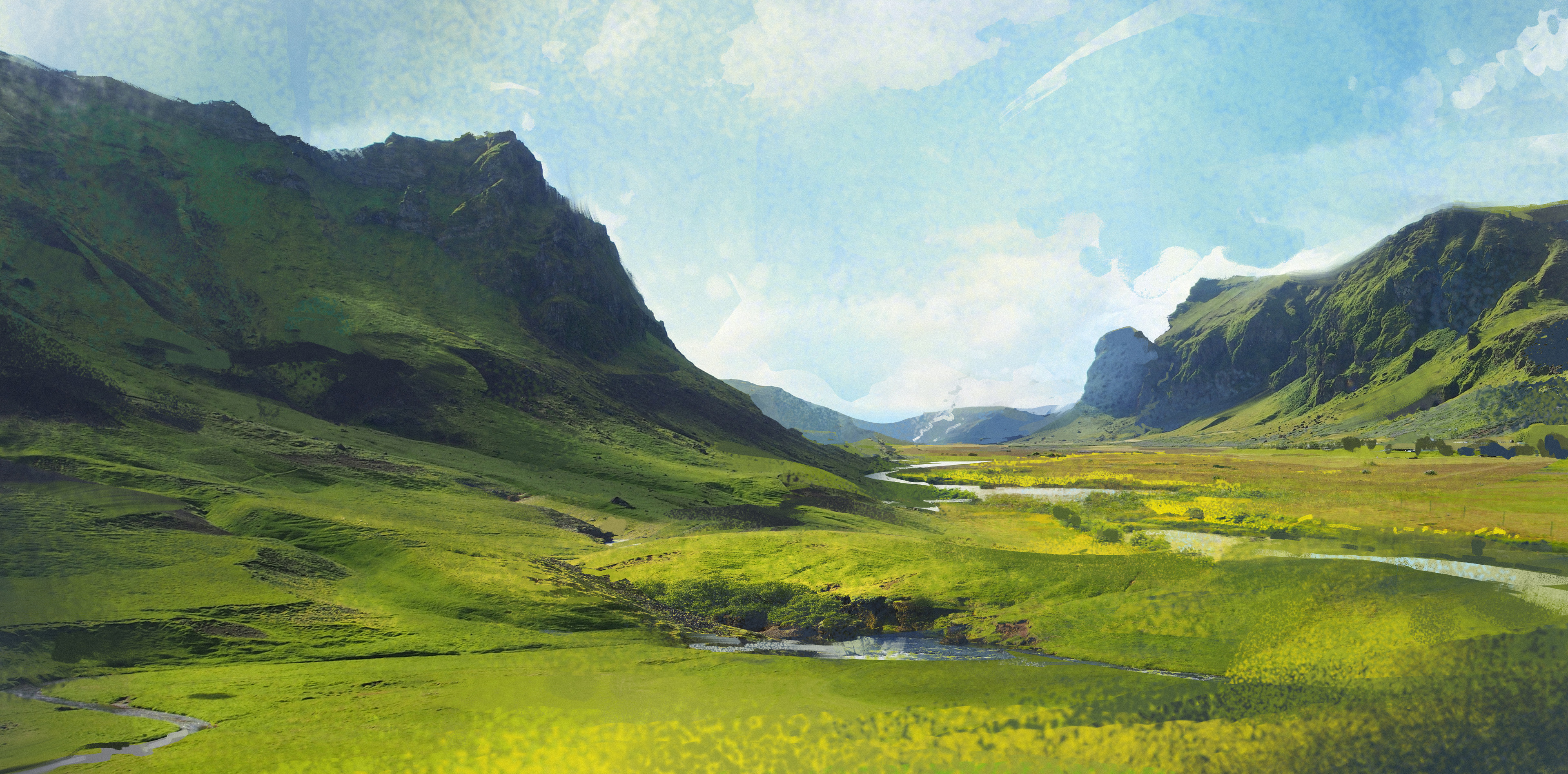 Scenery of green mountains and a winding river HD Wallpaper