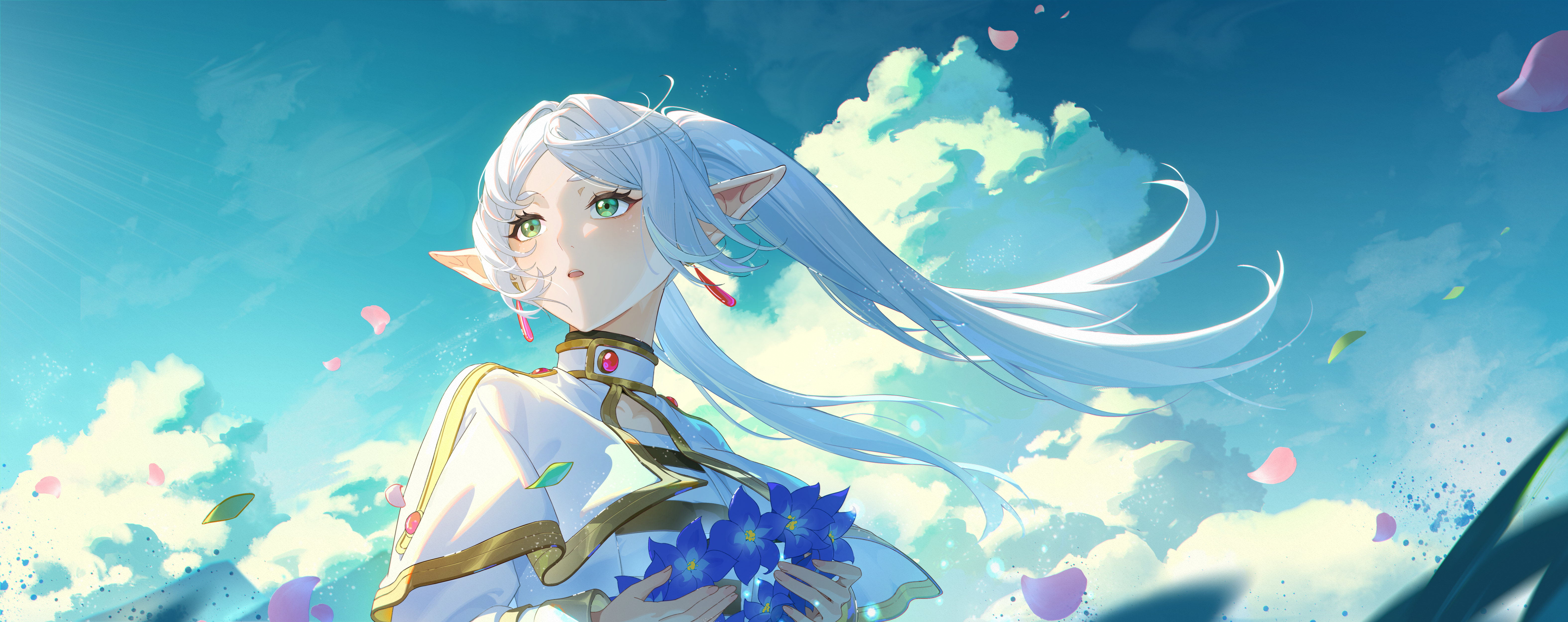 Frieren holding blue flowers with clouds in the background HD Wallpaper