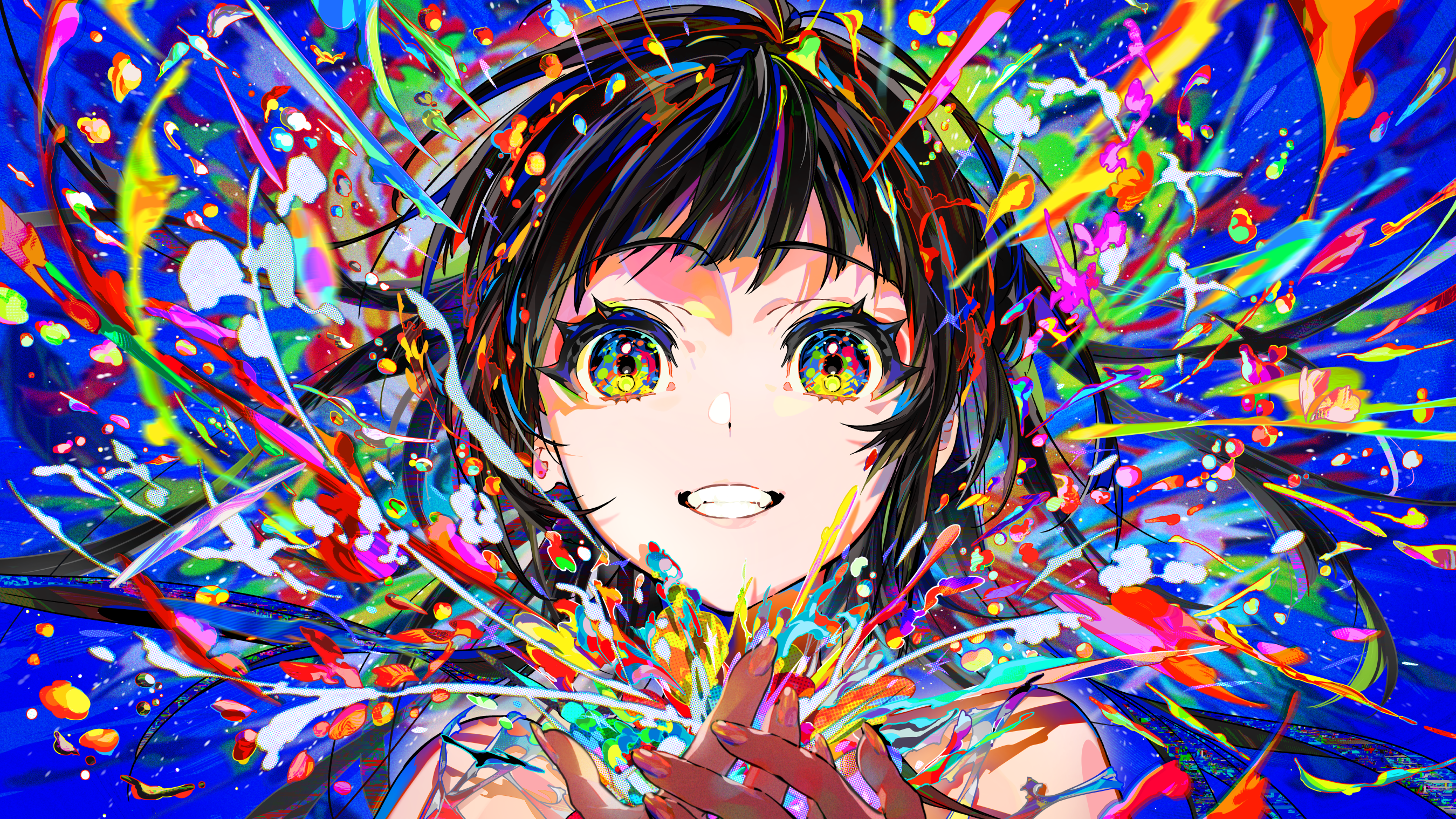 Anime girl with black hair and colorful explosion HD Wallpaper