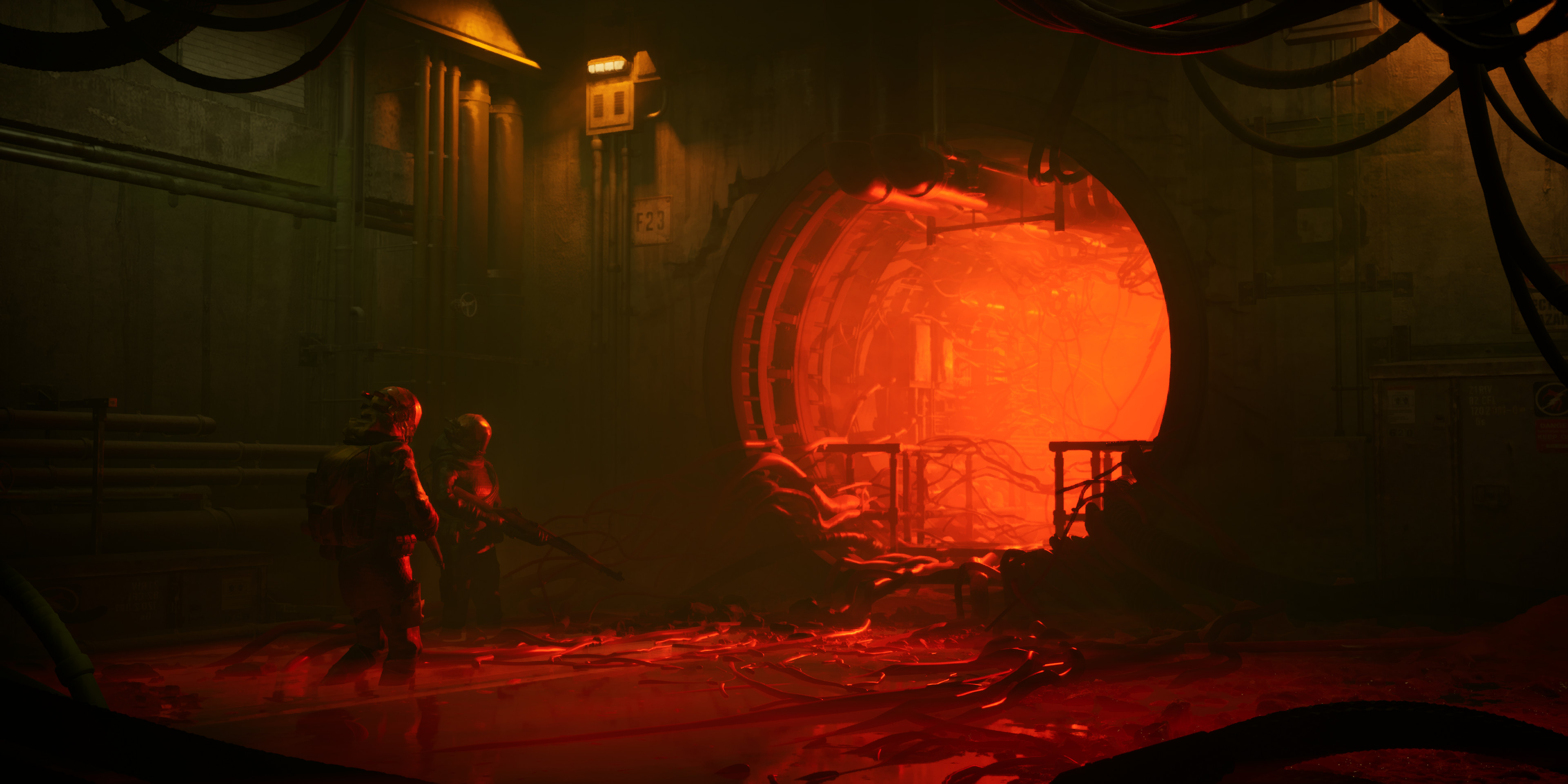 People in a dystopian underground sewer with red light HD Wallpaper