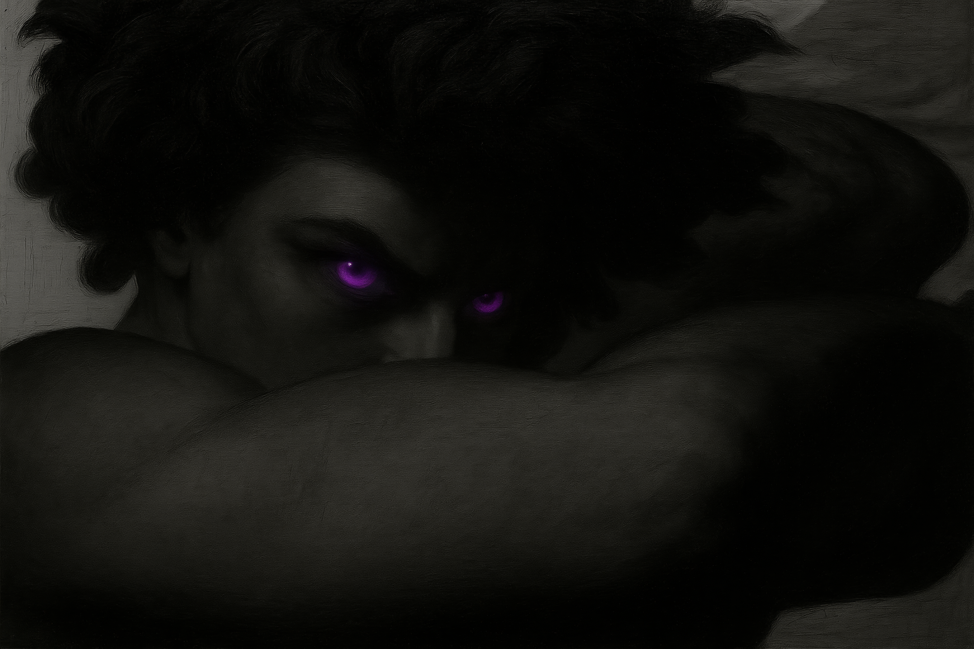 Fallen angel with glowing purple eyes HD Wallpaper