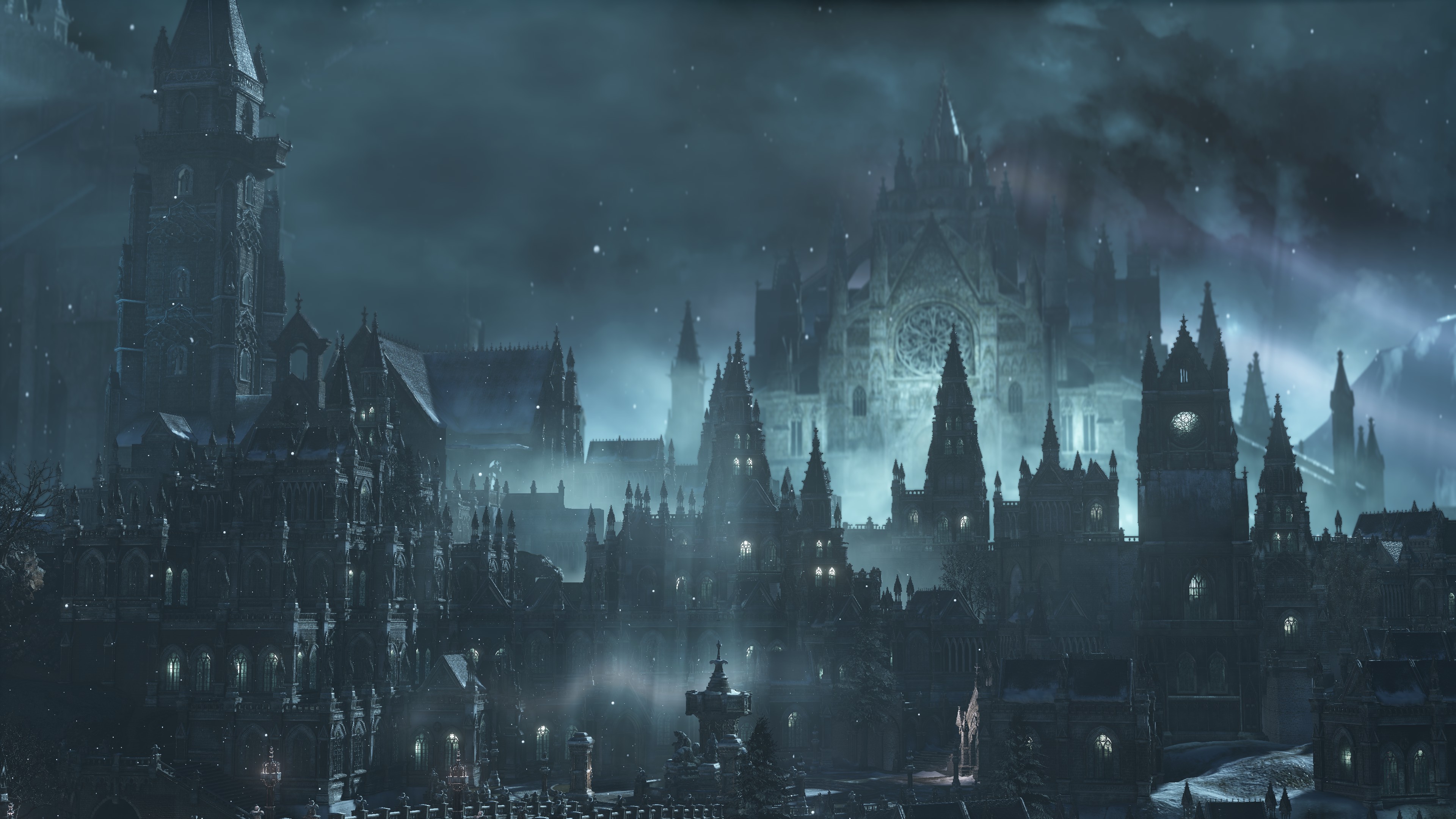 Dark Souls III cityscape at night with snow HD Wallpaper