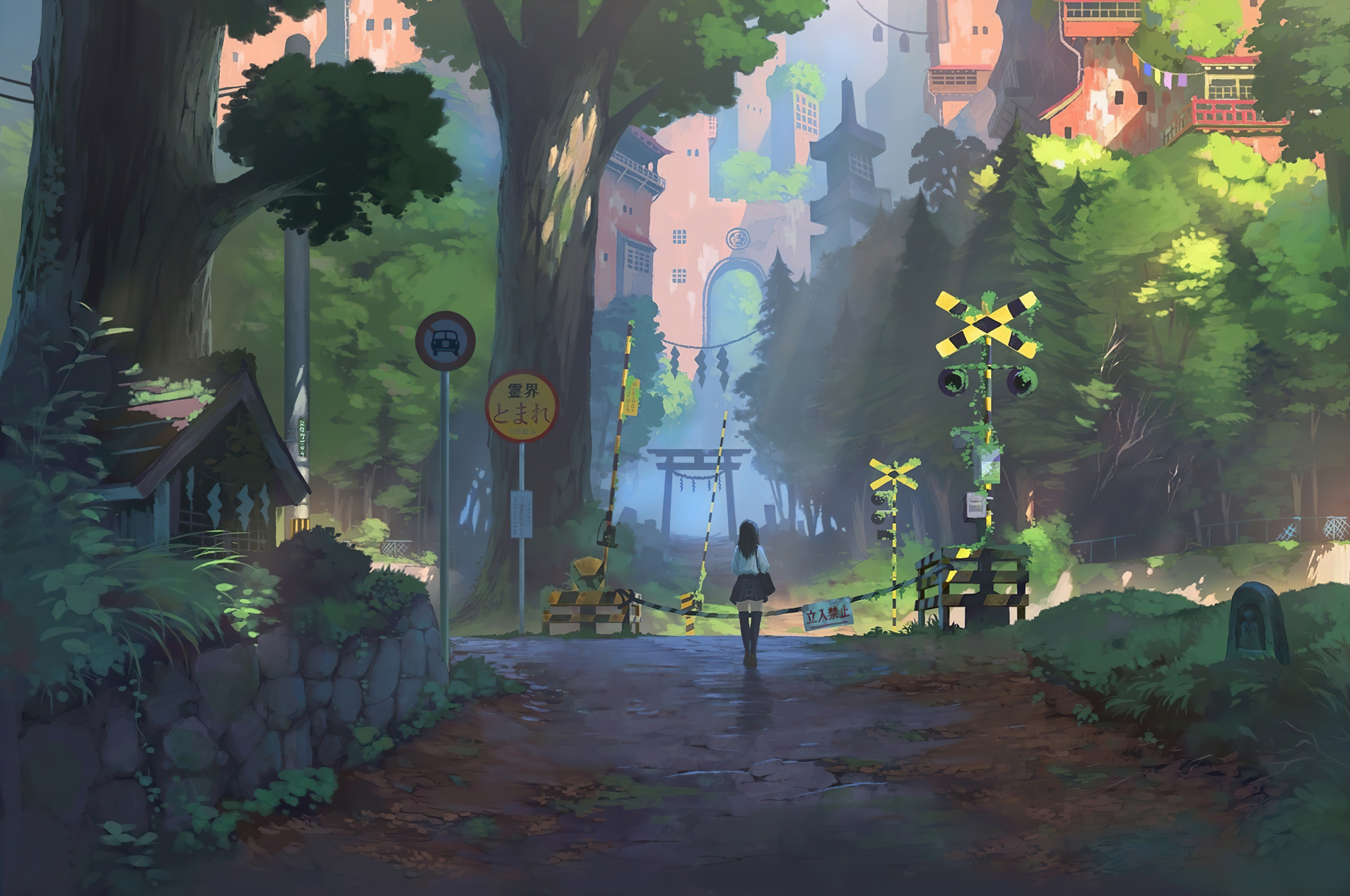 Anime girl walks down a path with trees and buildings HD Wallpaper