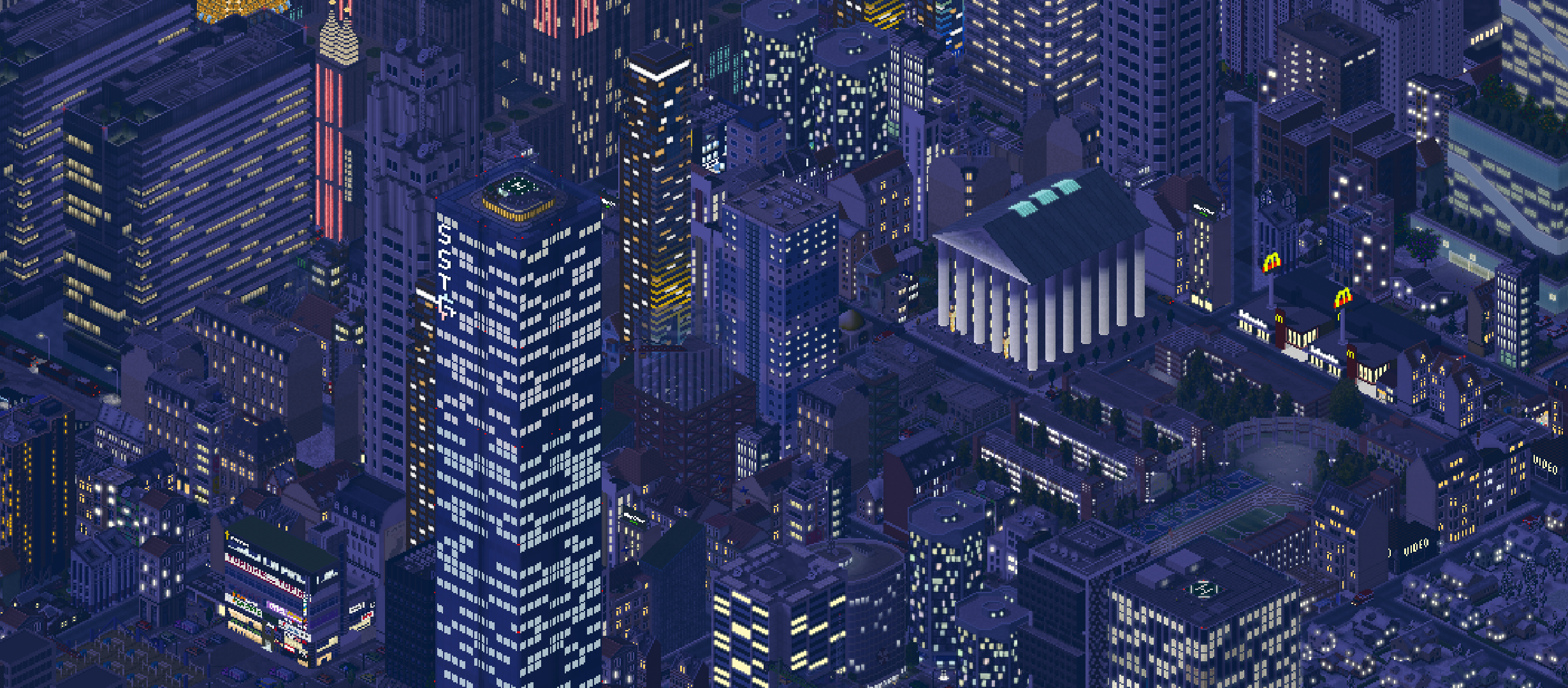Theotown pixel art city at night with illuminated buildings HD Wallpaper
