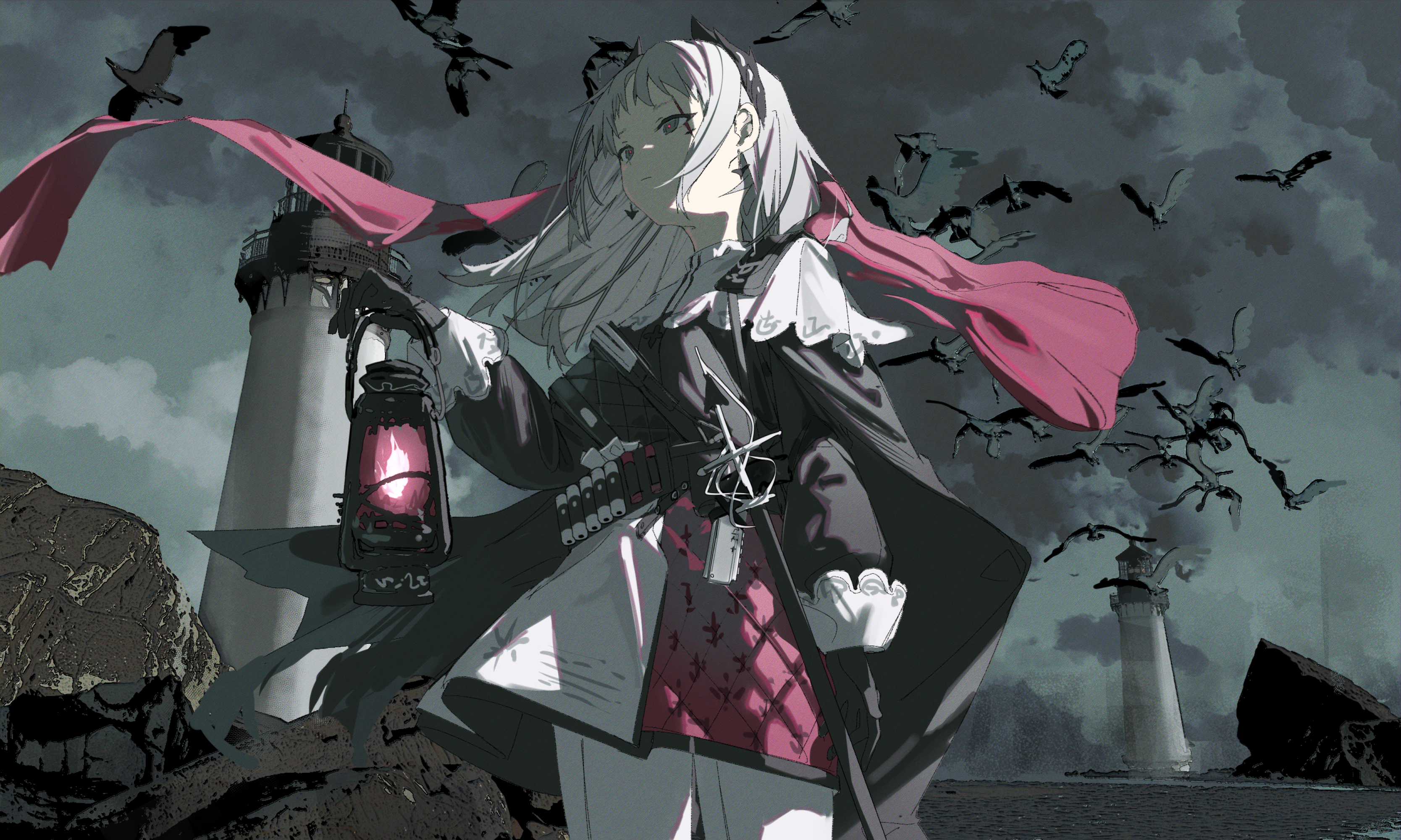 Irene (Arknights) with a lantern and birds HD Wallpaper