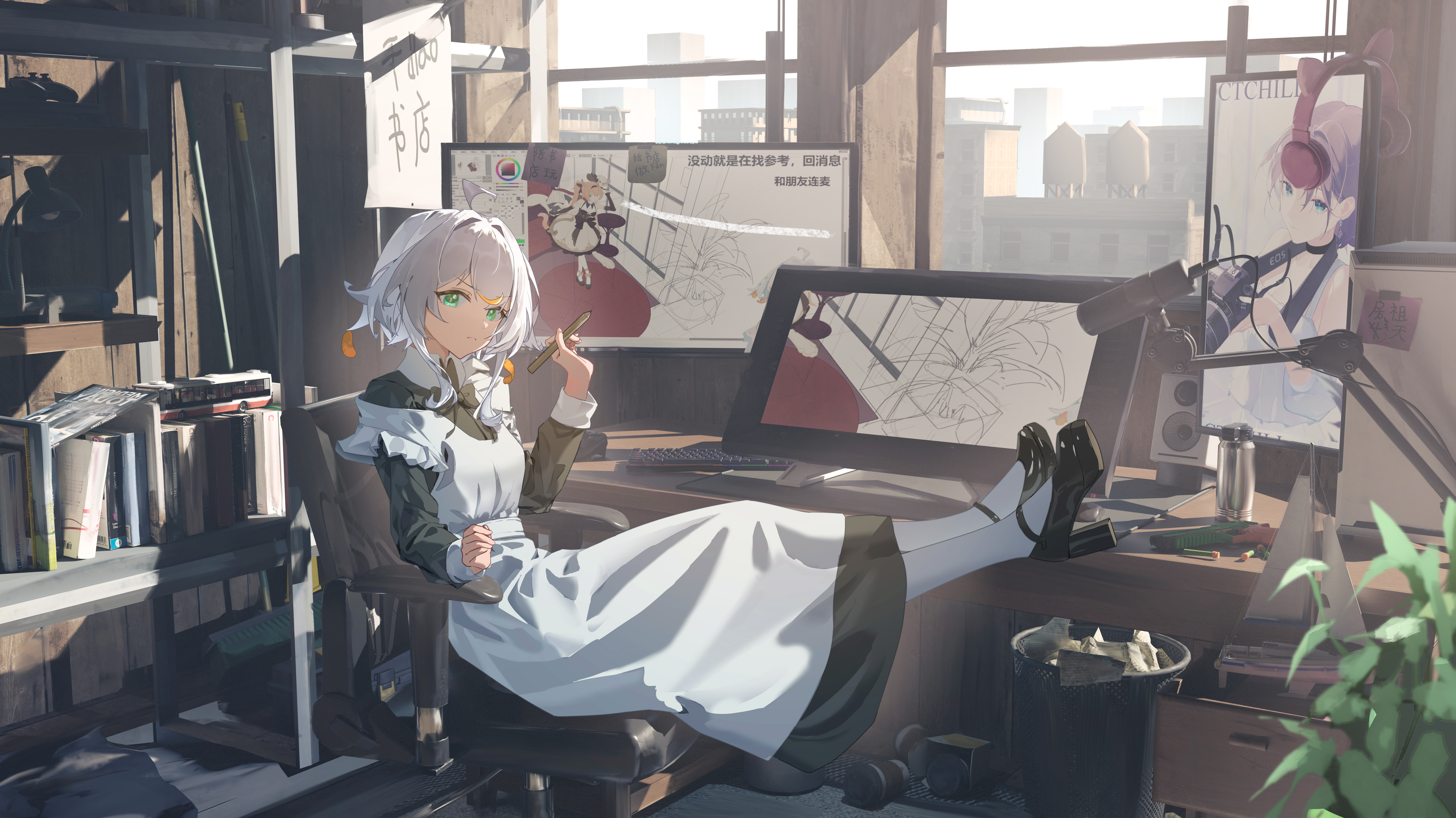 Anime maid sitting in a bookstore with feet up HD Wallpaper