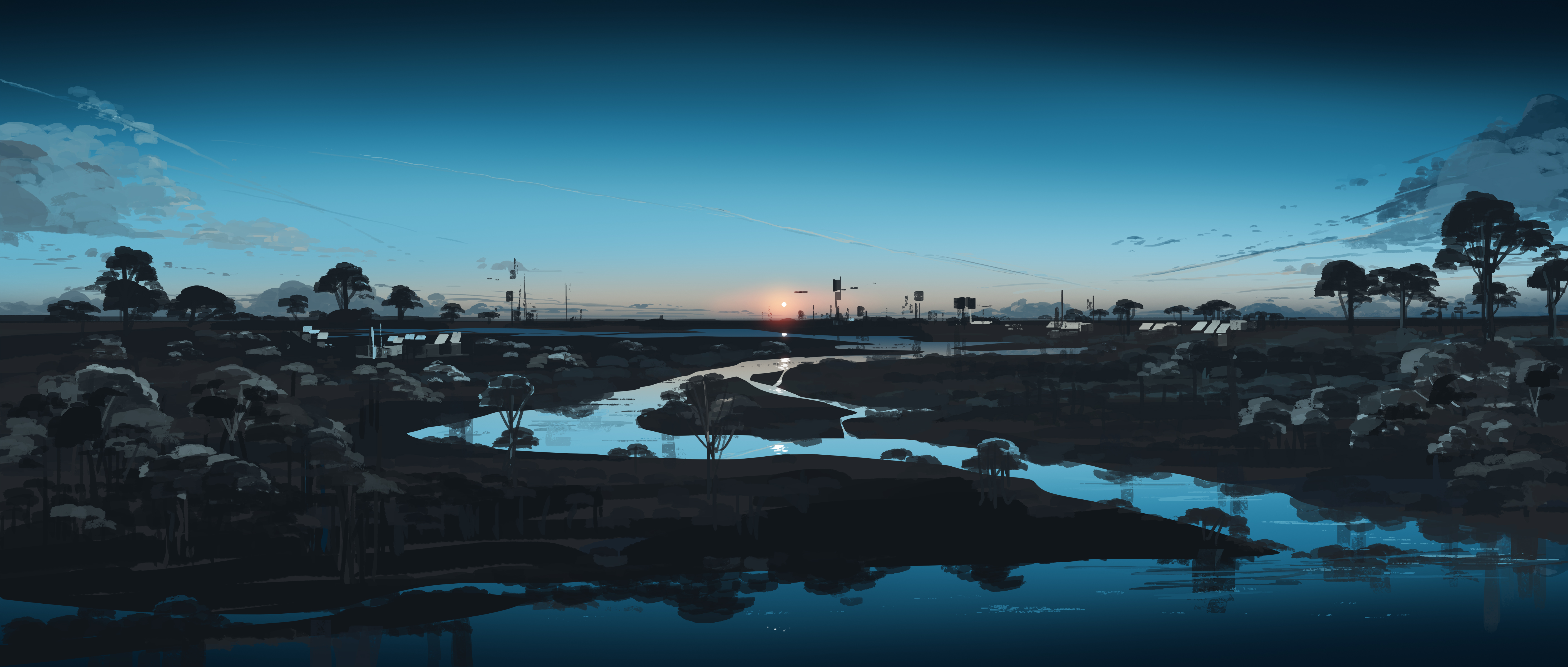 Digital painting of a river landscape at sunset HD Wallpaper