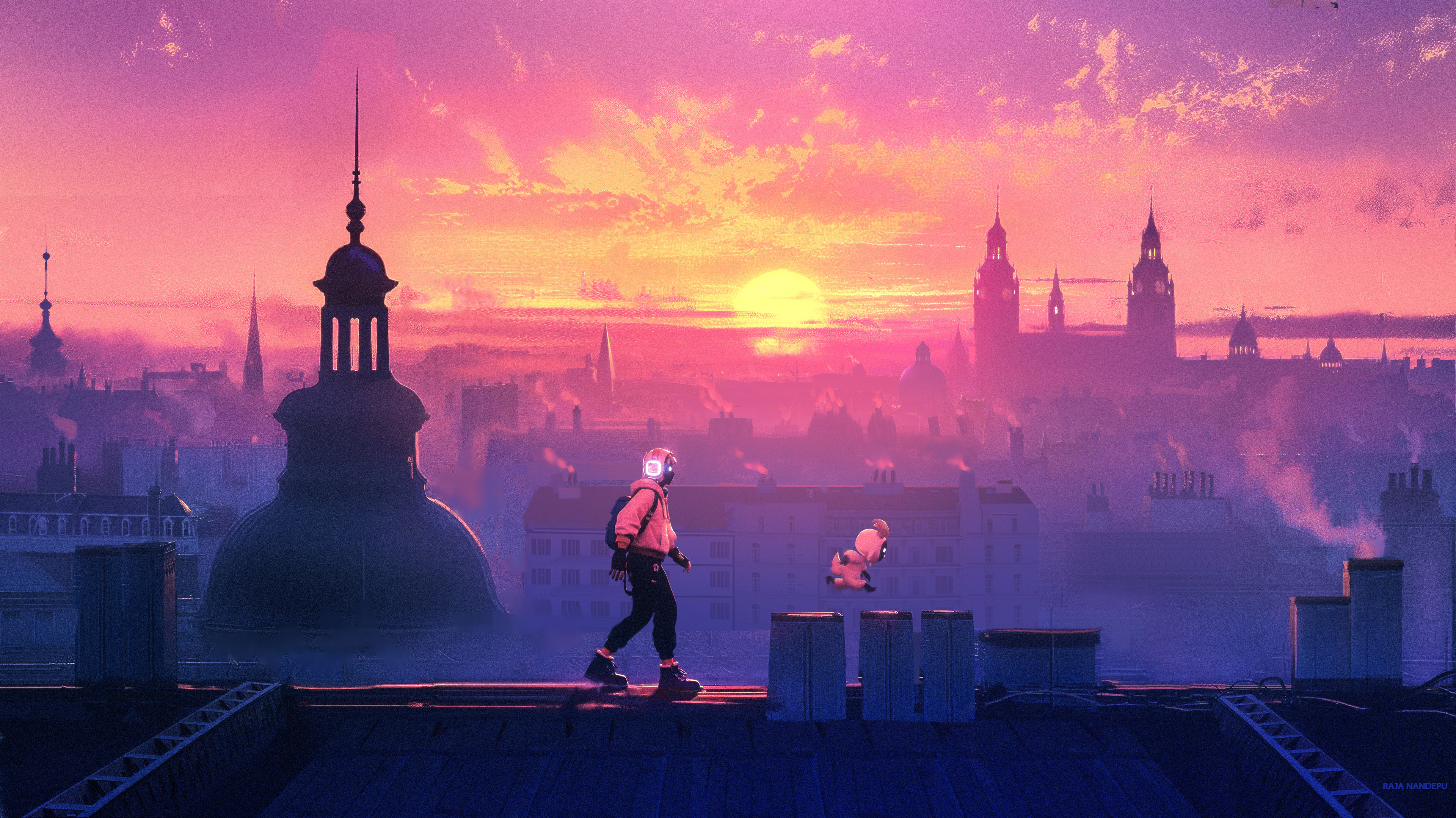 Creature and person on a rooftop at sunset HD Wallpaper