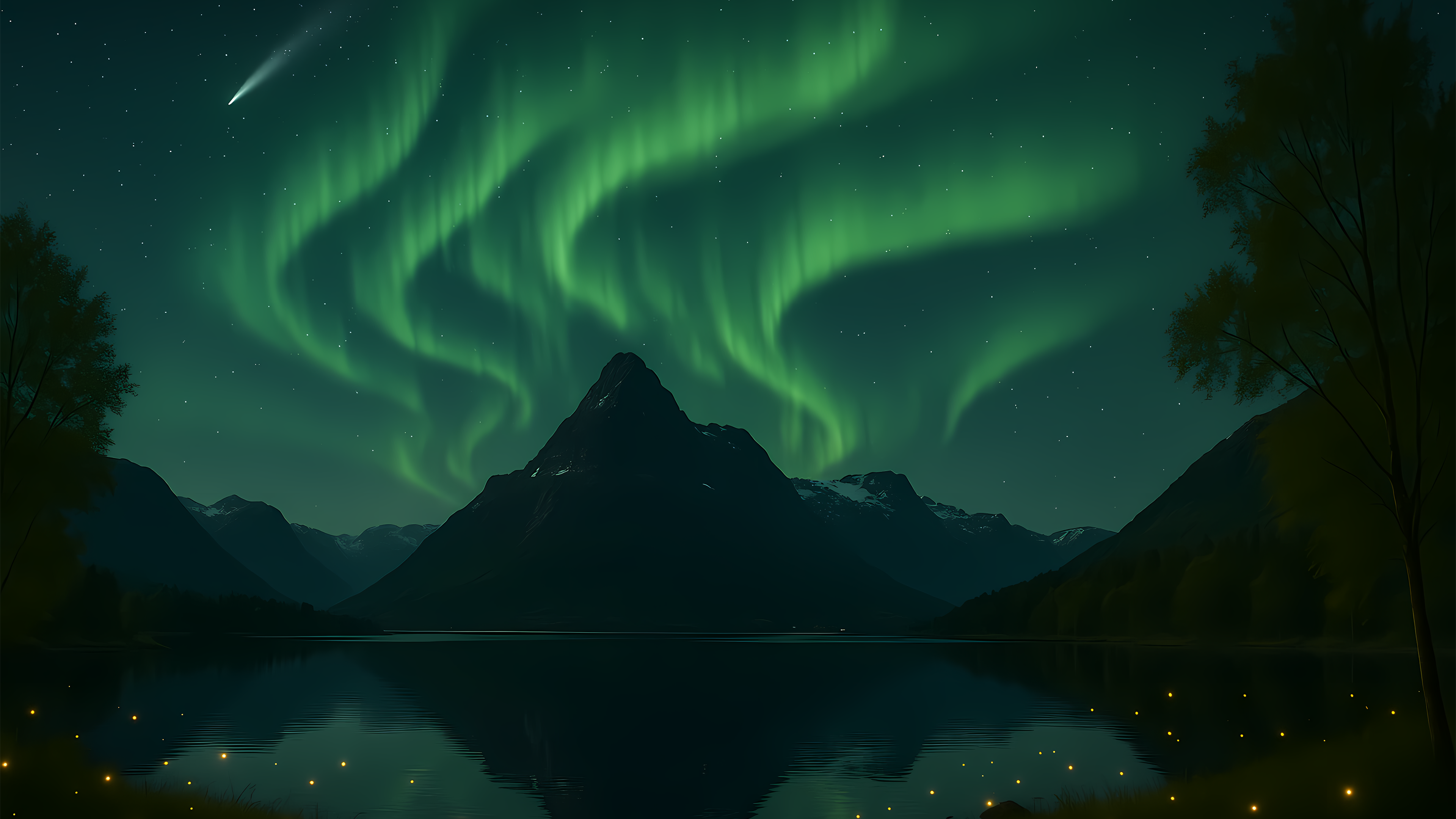 Aurora Borealis Over Mountain Lake with Comet HD Wallpaper