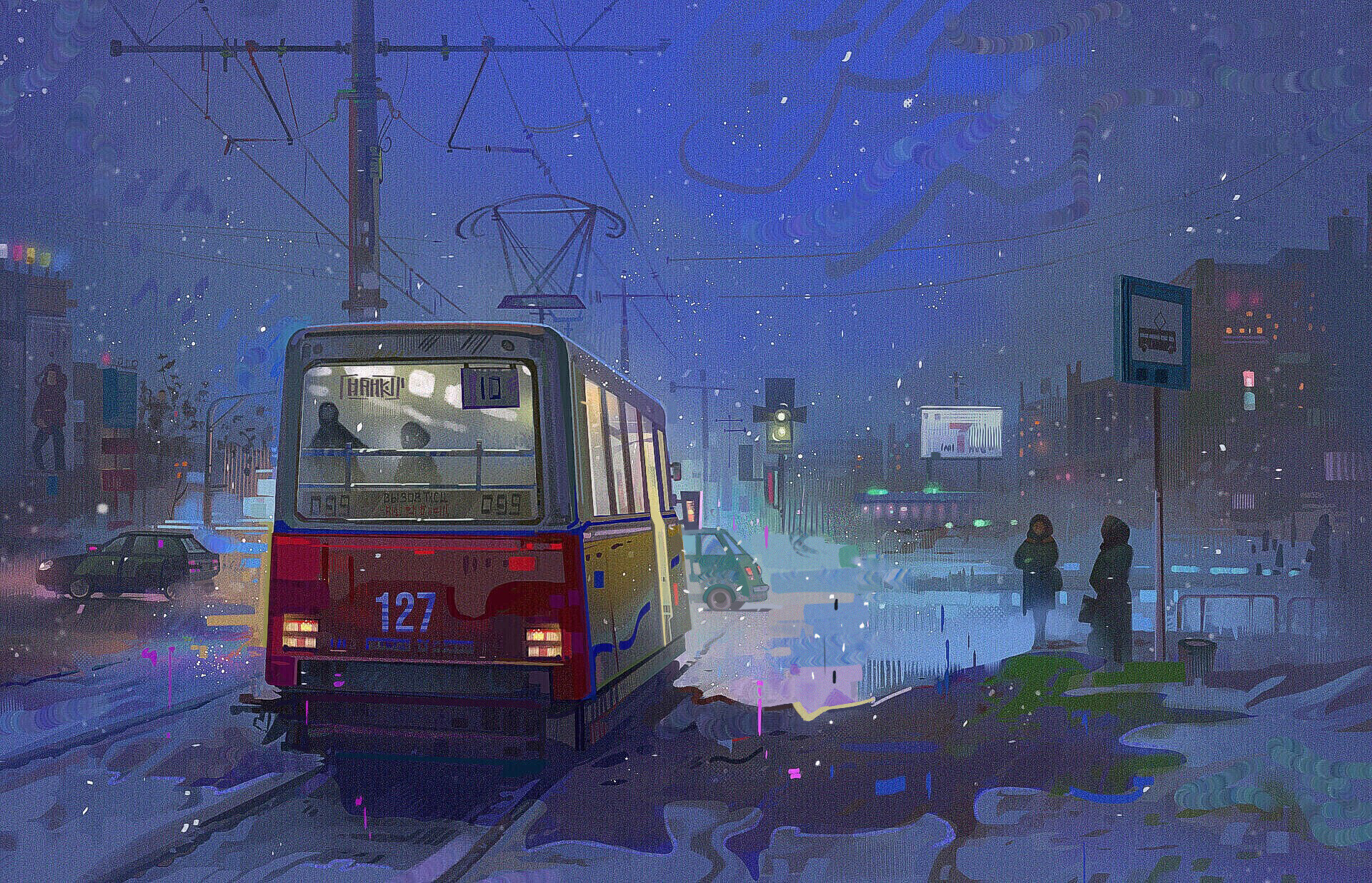 Tram 127 in a snowy urban night HD Wallpaper