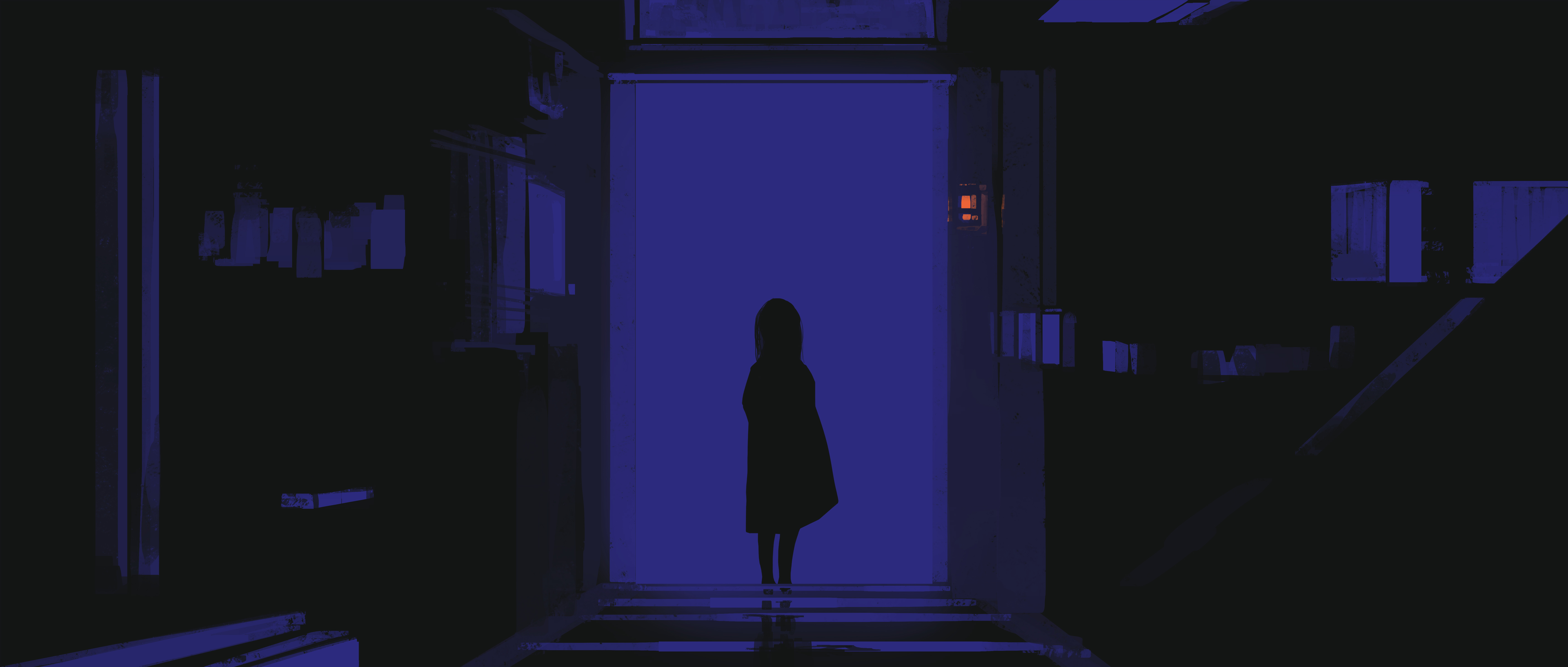 Silhouette of a woman standing in a blue lit doorway HD Wallpaper