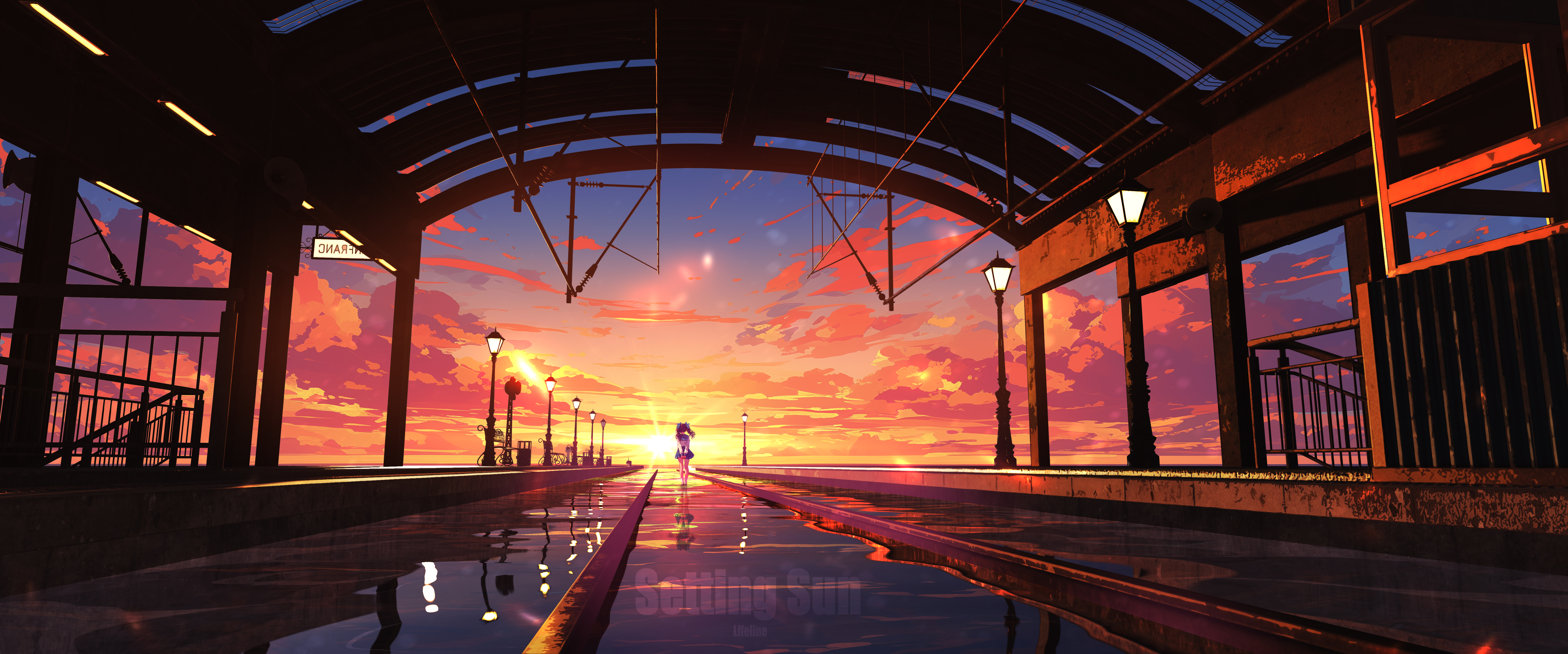 Anime girl at train station during sunset HD Wallpaper