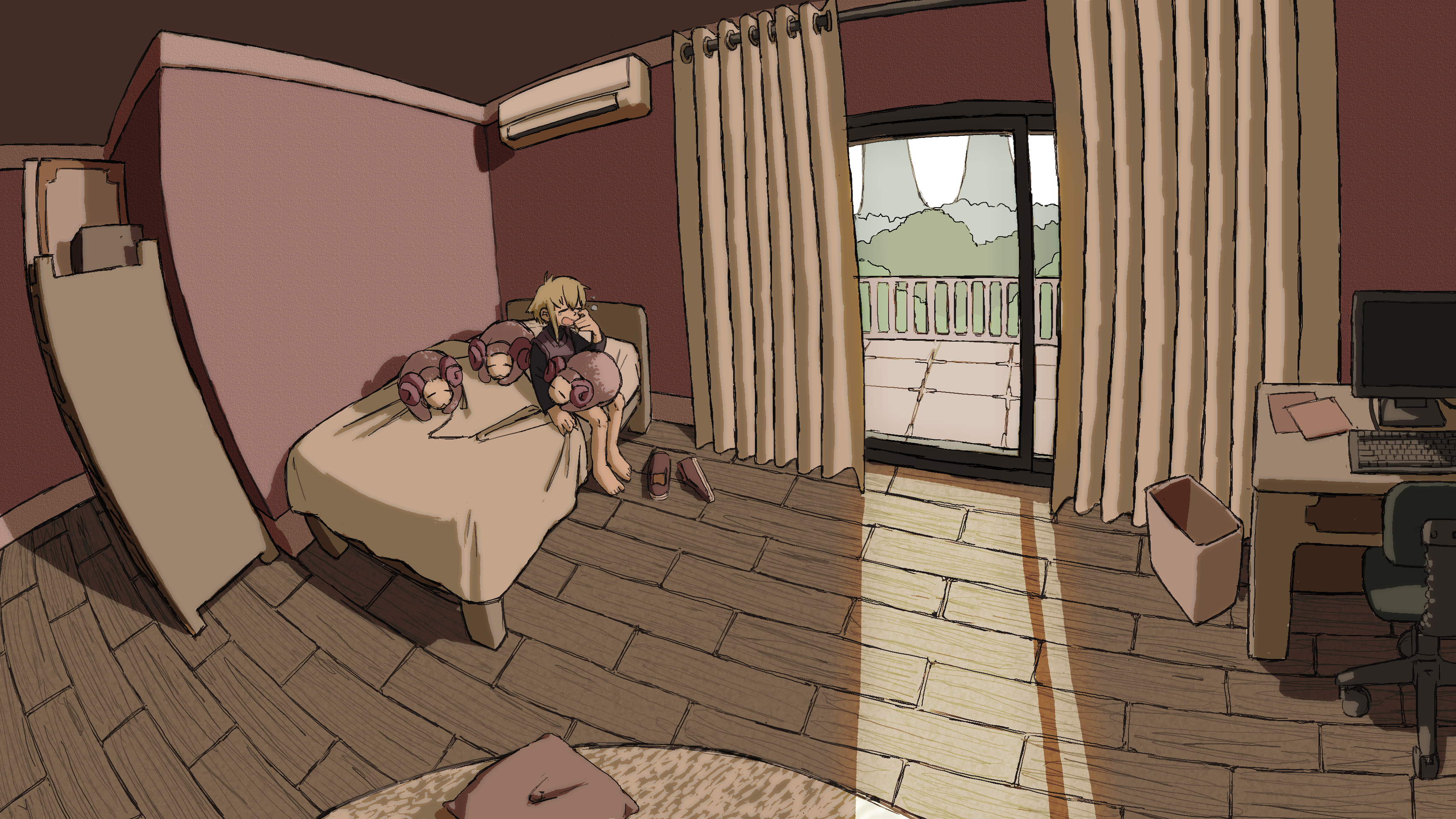 Urotsuki sits on a bed with stuffed animals in a bedroom HD Wallpaper