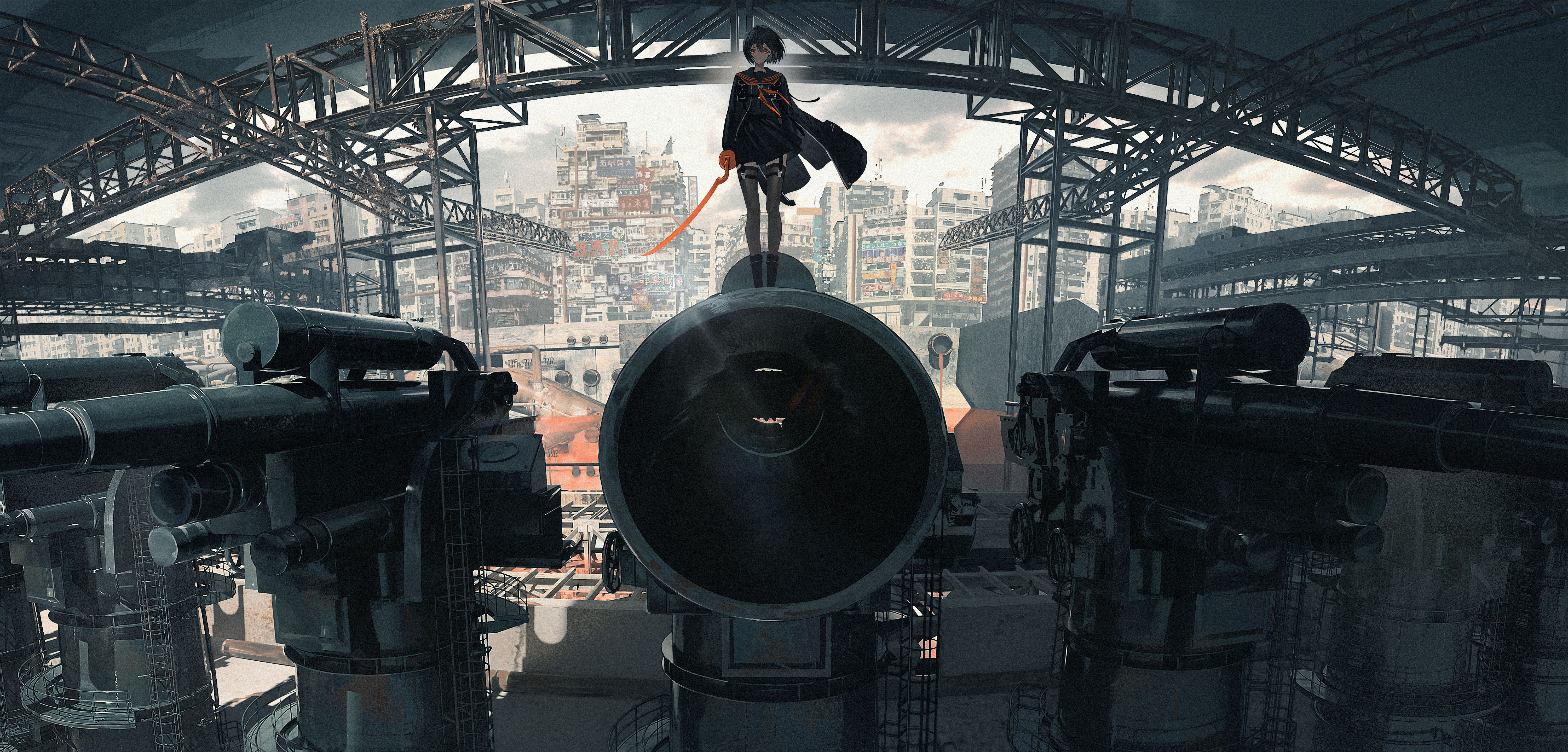 Anime girl with sword on industrial structure HD Wallpaper