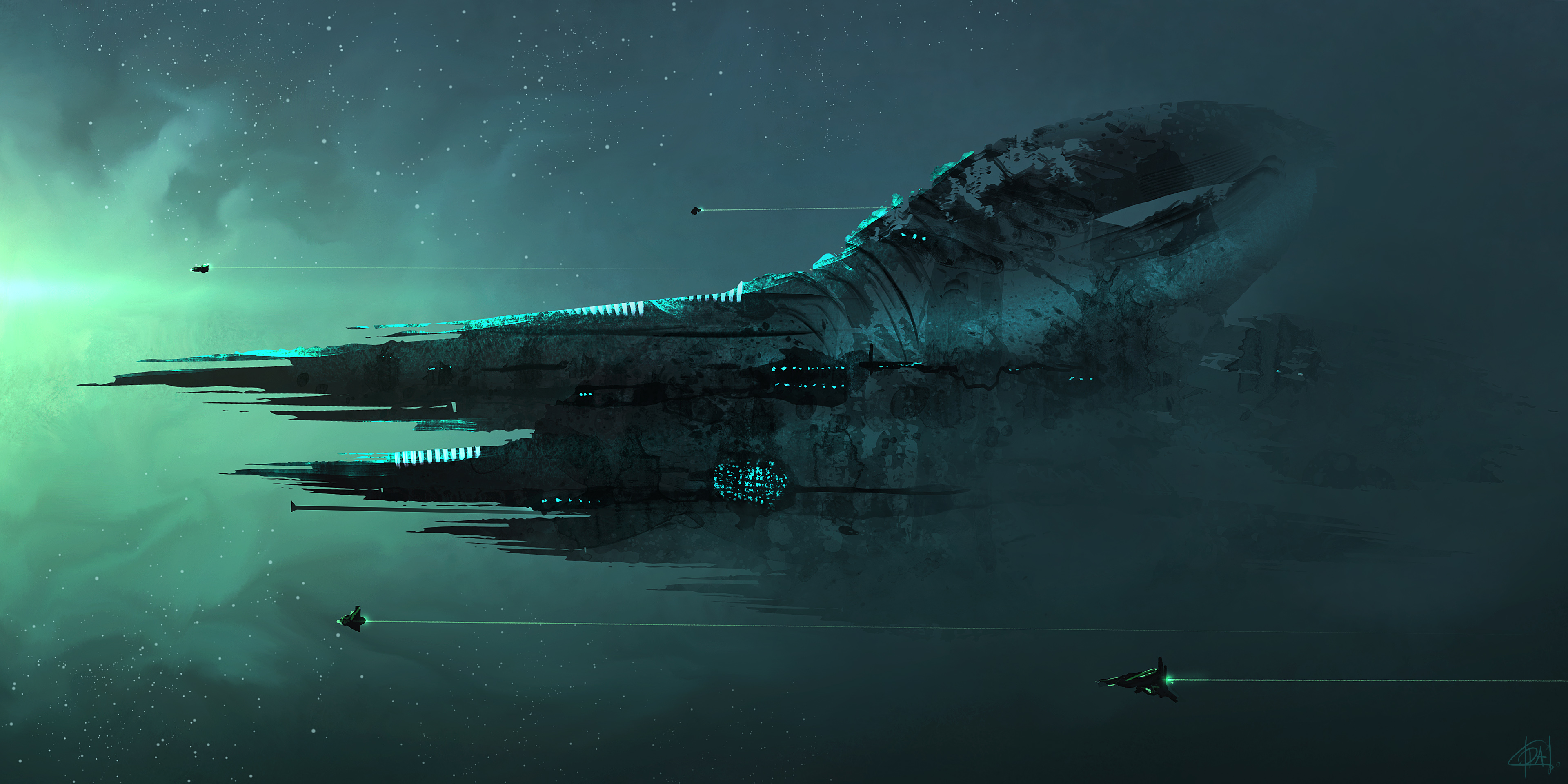 Massive alien spaceship emerging from nebula HD Wallpaper