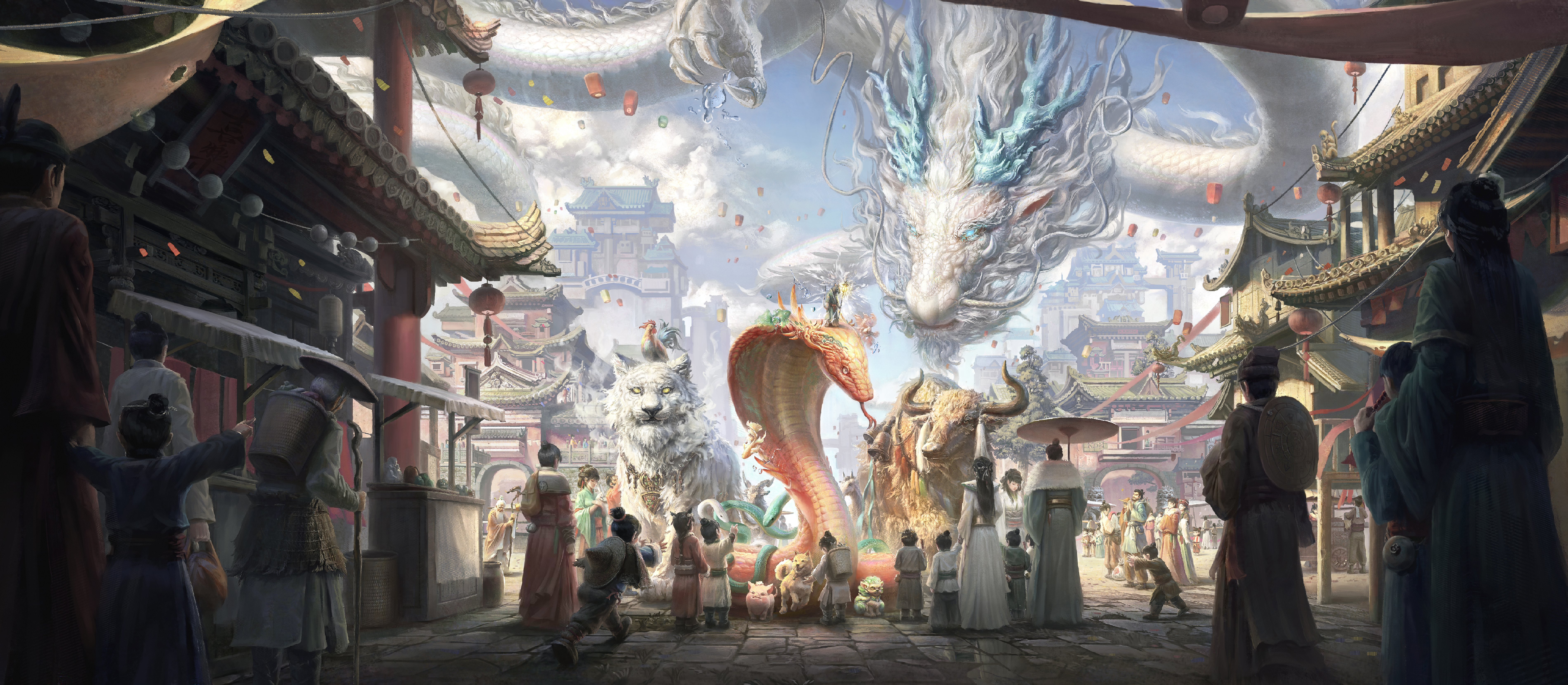 Creature parade in a fantasy Asian city with a dragon overhead HD Wallpaper