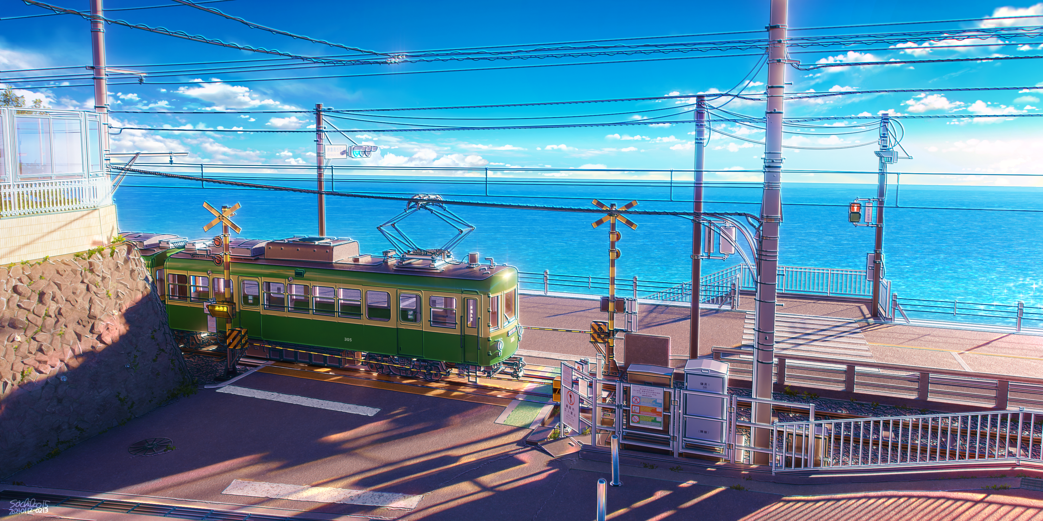 Green train by the sea with crossing signals HD Wallpaper