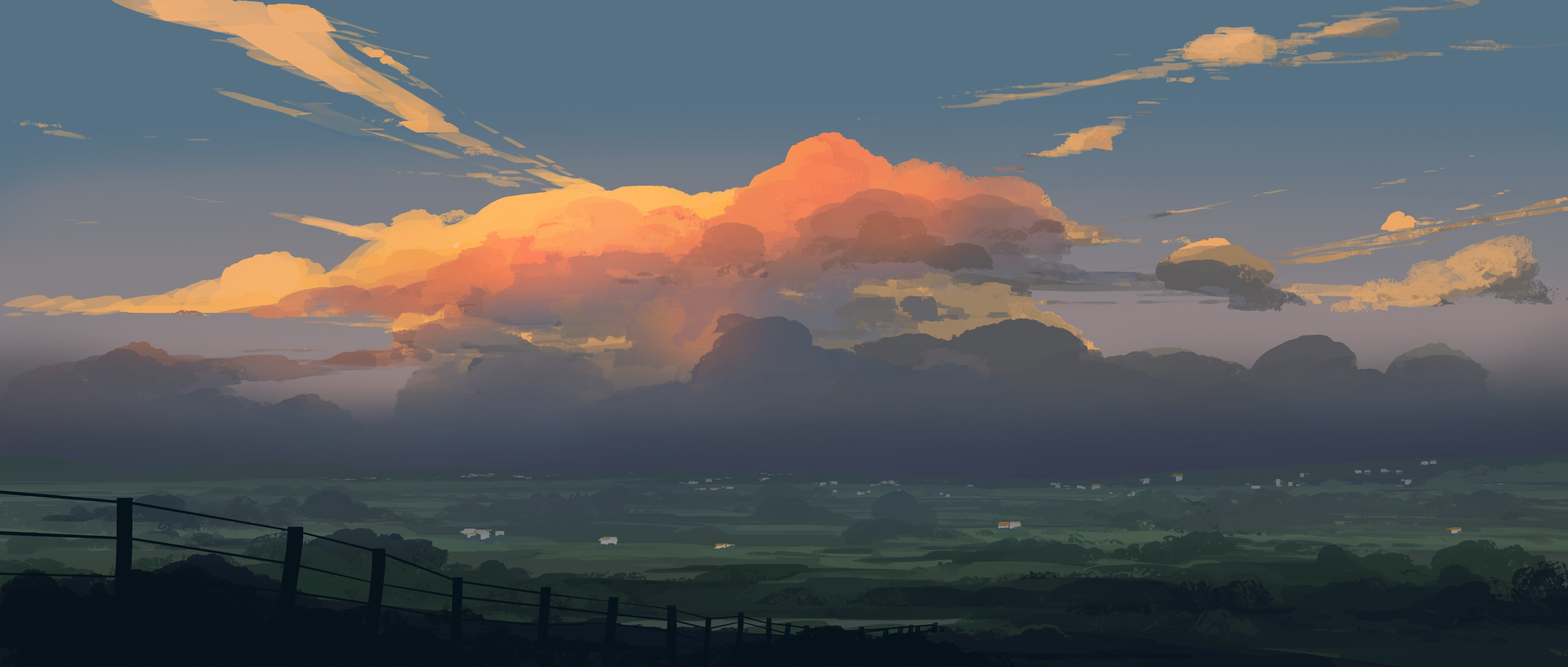 Orange clouds over a green landscape at dusk HD Wallpaper