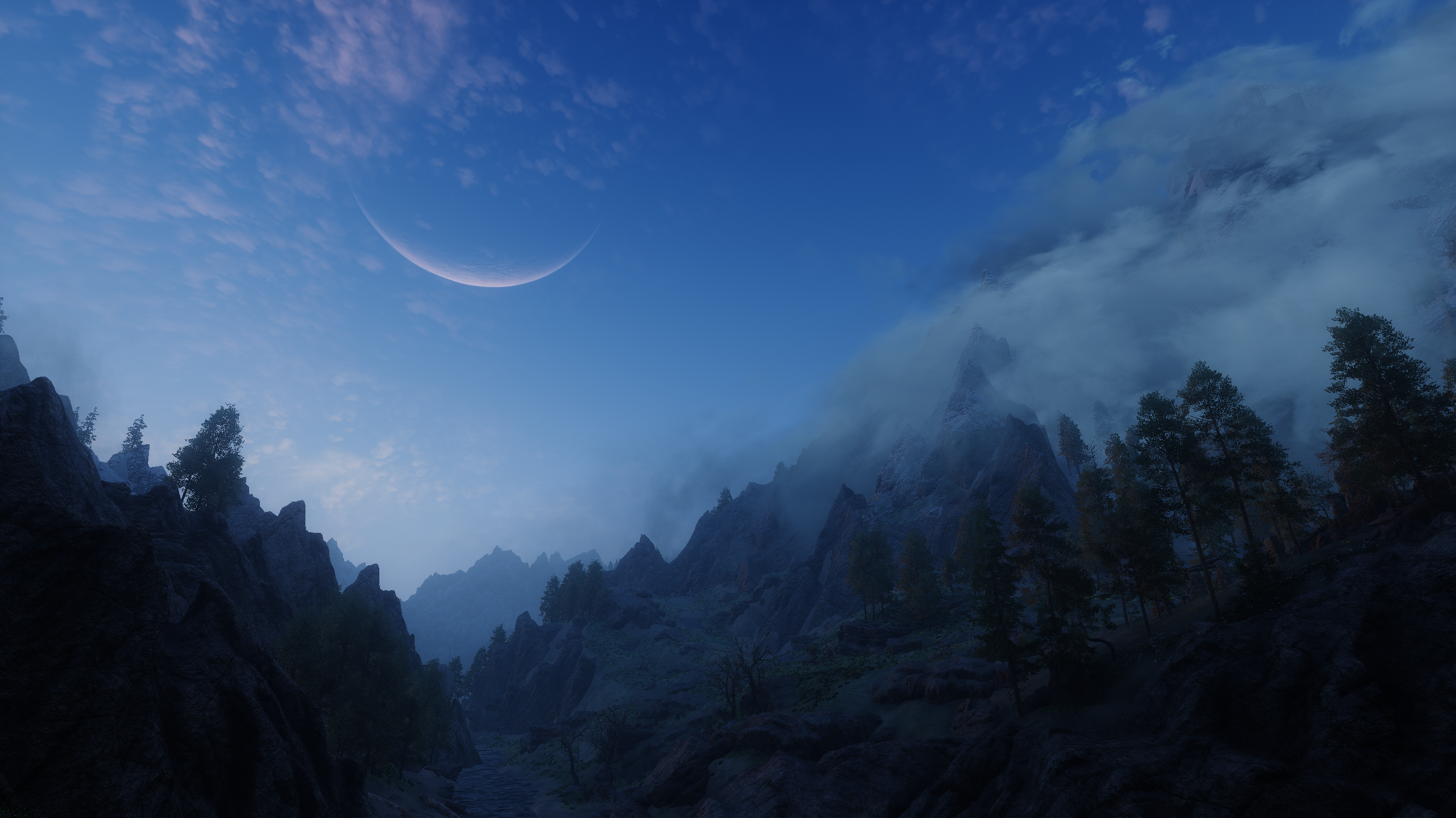 The Elder Scrolls V: Skyrim - Mountainous Landscape Under a Crescent Moon HD Wallpaper