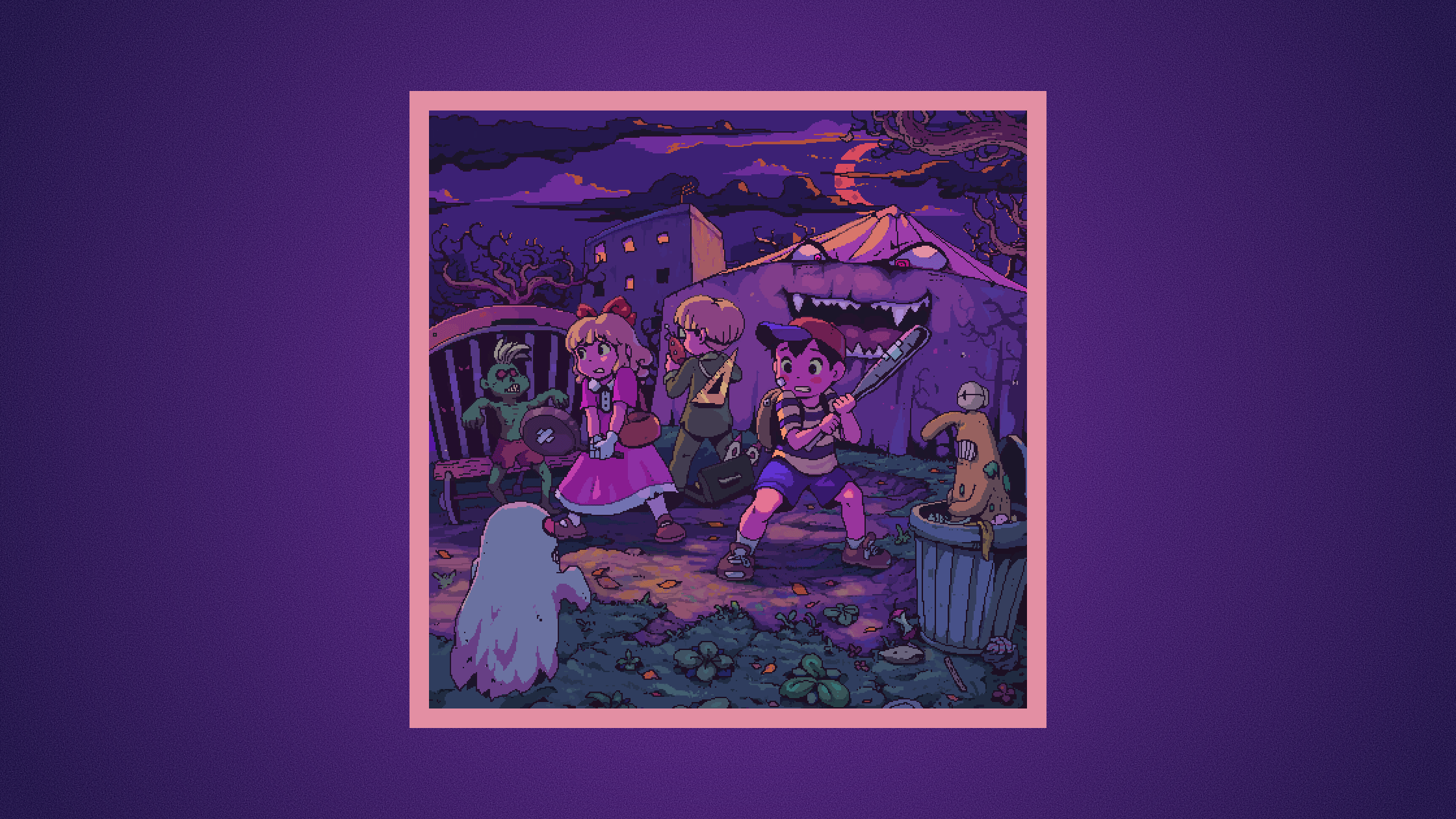 Earthbound characters in a spooky Halloween scene HD Wallpaper