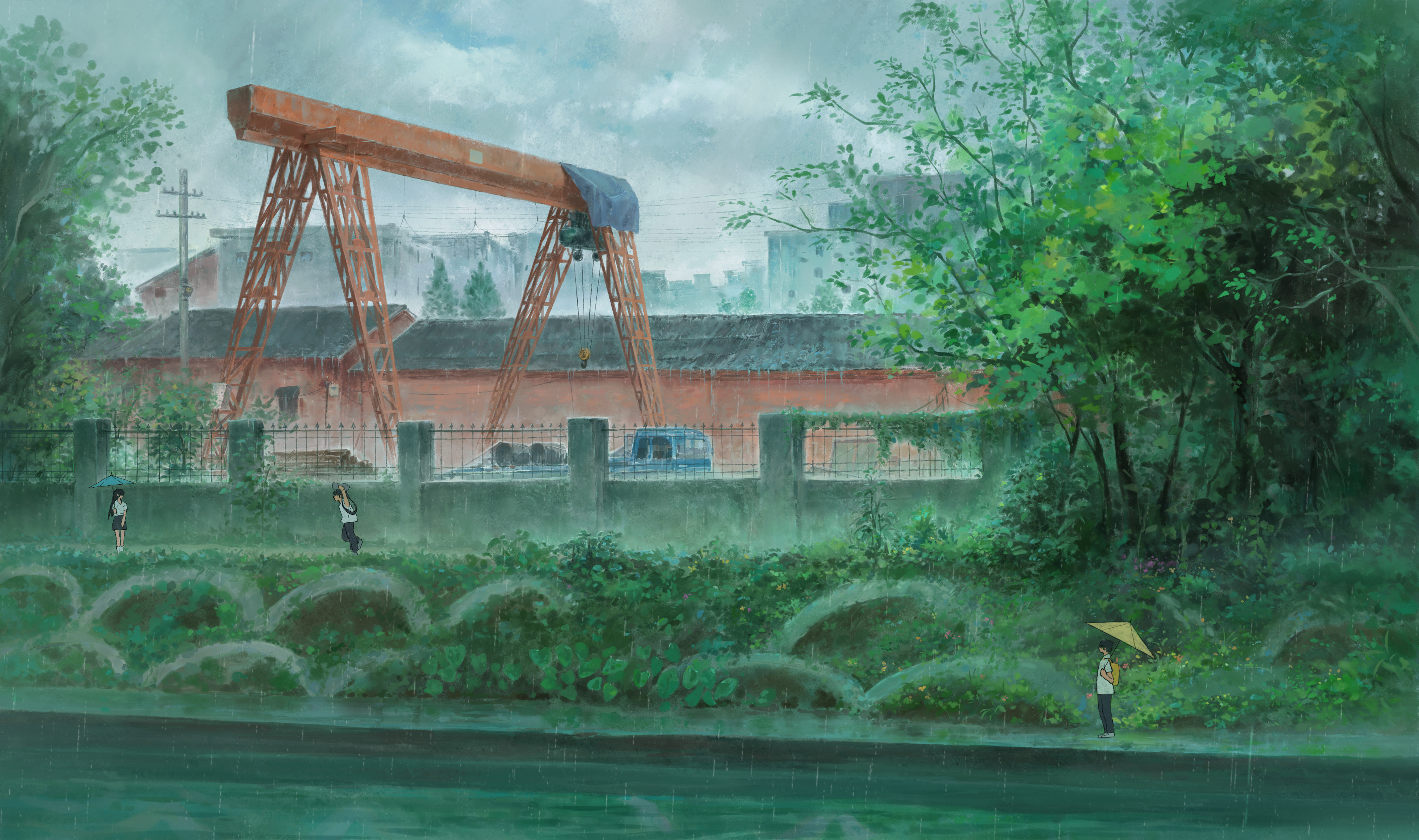 Scenery of students walking in the rain near a crane HD Wallpaper