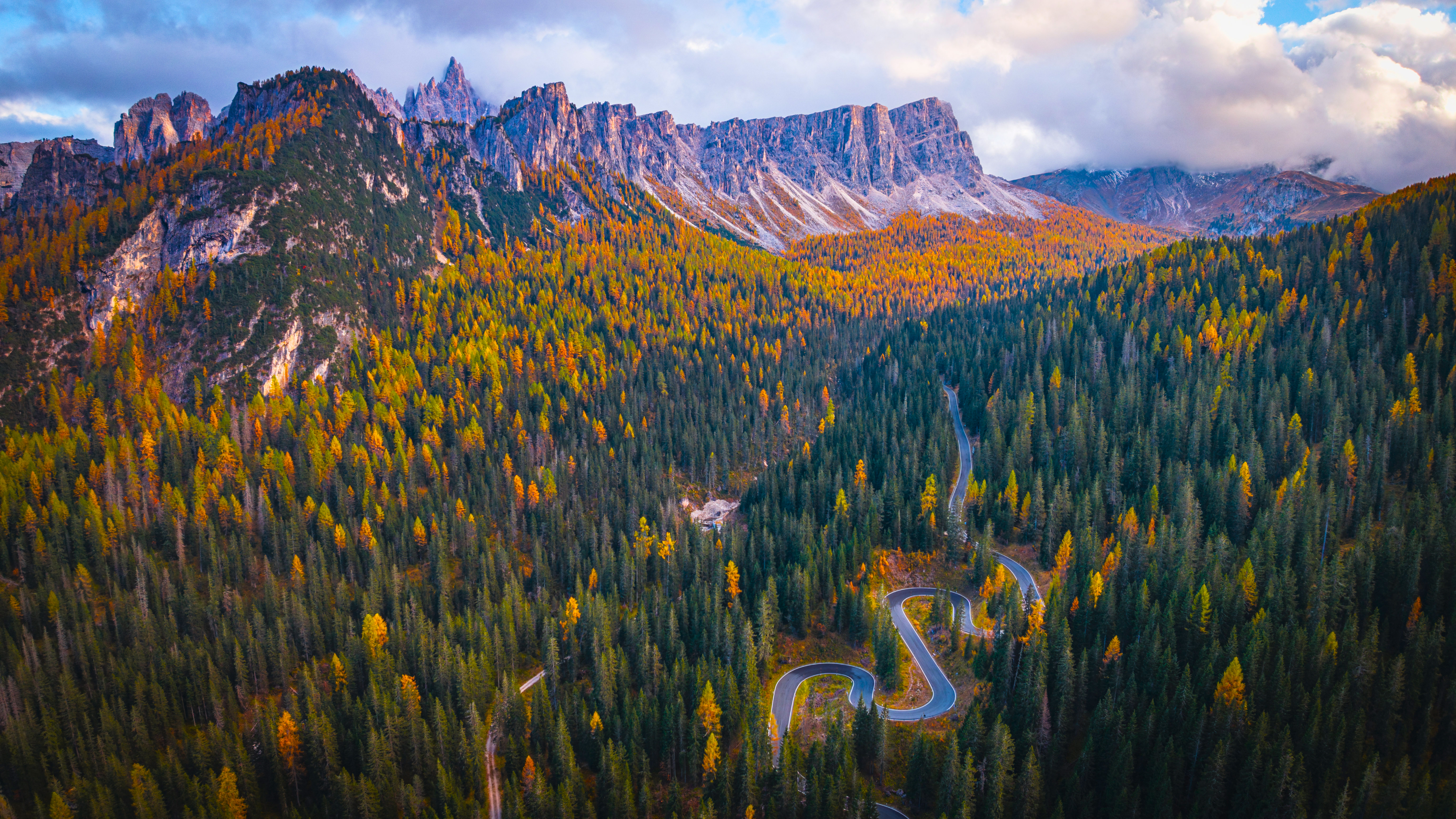 Winding mountain road through autumn forest HD Wallpaper