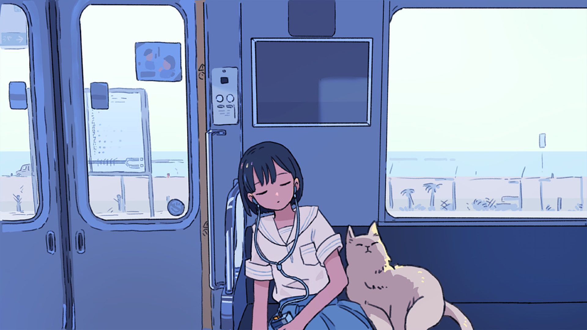 Anime girl sleeping on a train with a cat HD Wallpaper
