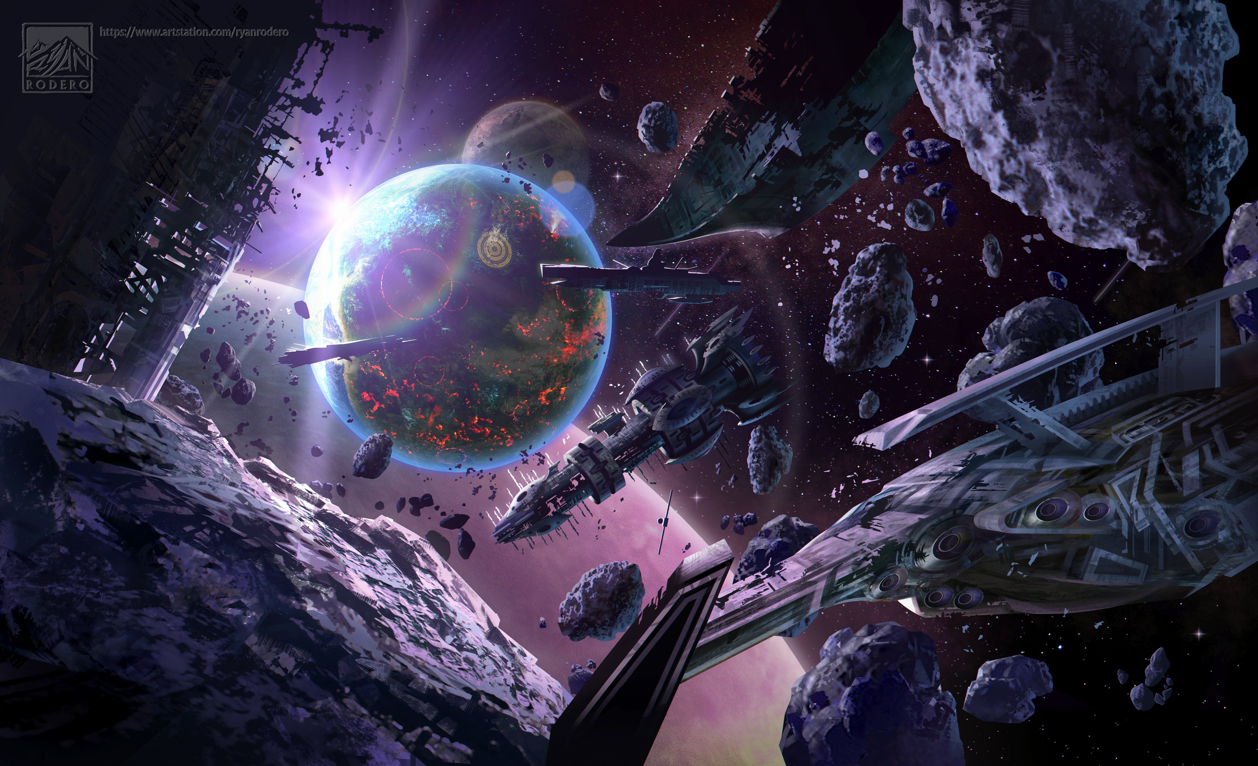 Space battle with planet and debris HD Wallpaper