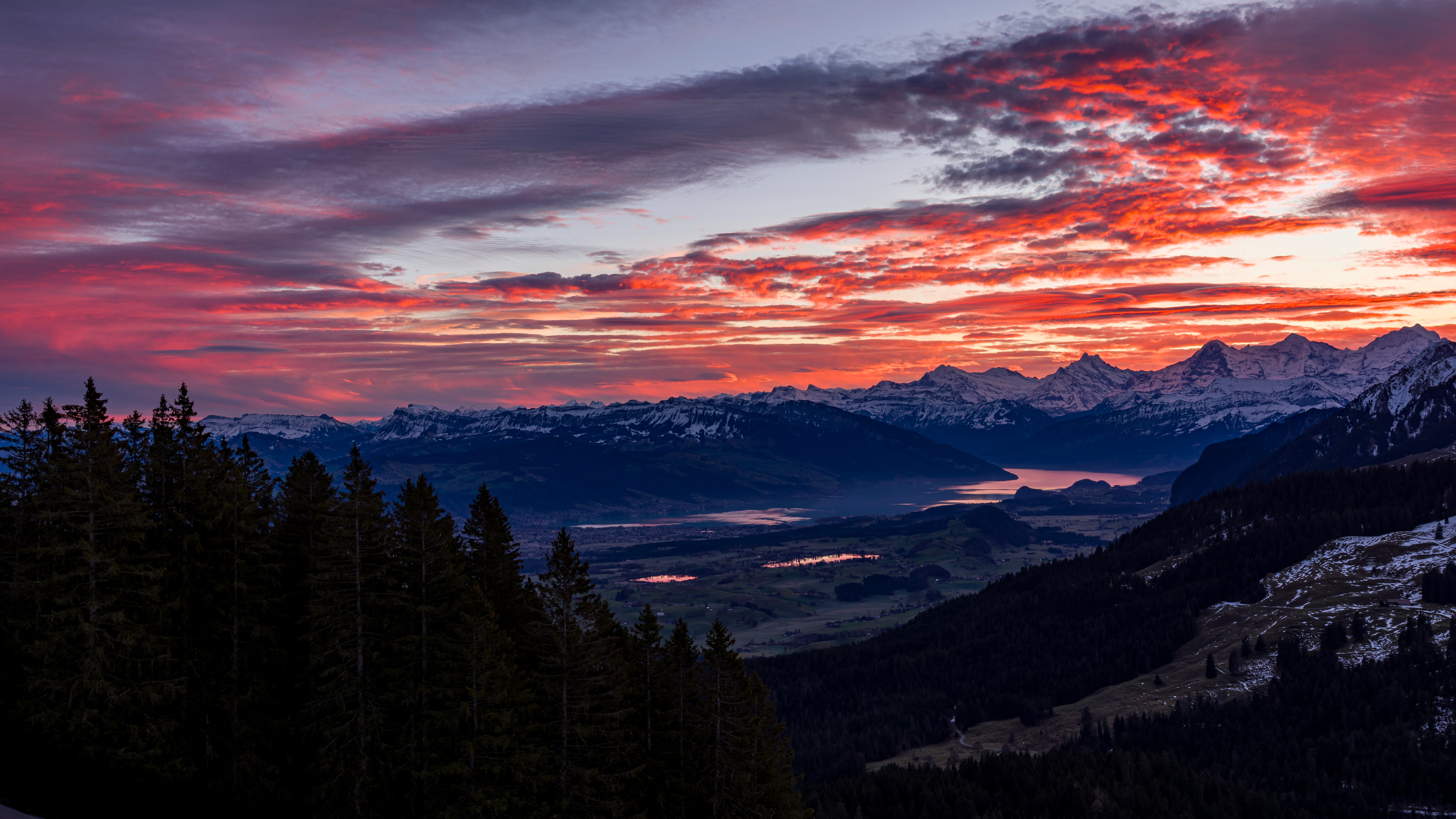 Sunset over snow-capped mountains and lakes HD Wallpaper