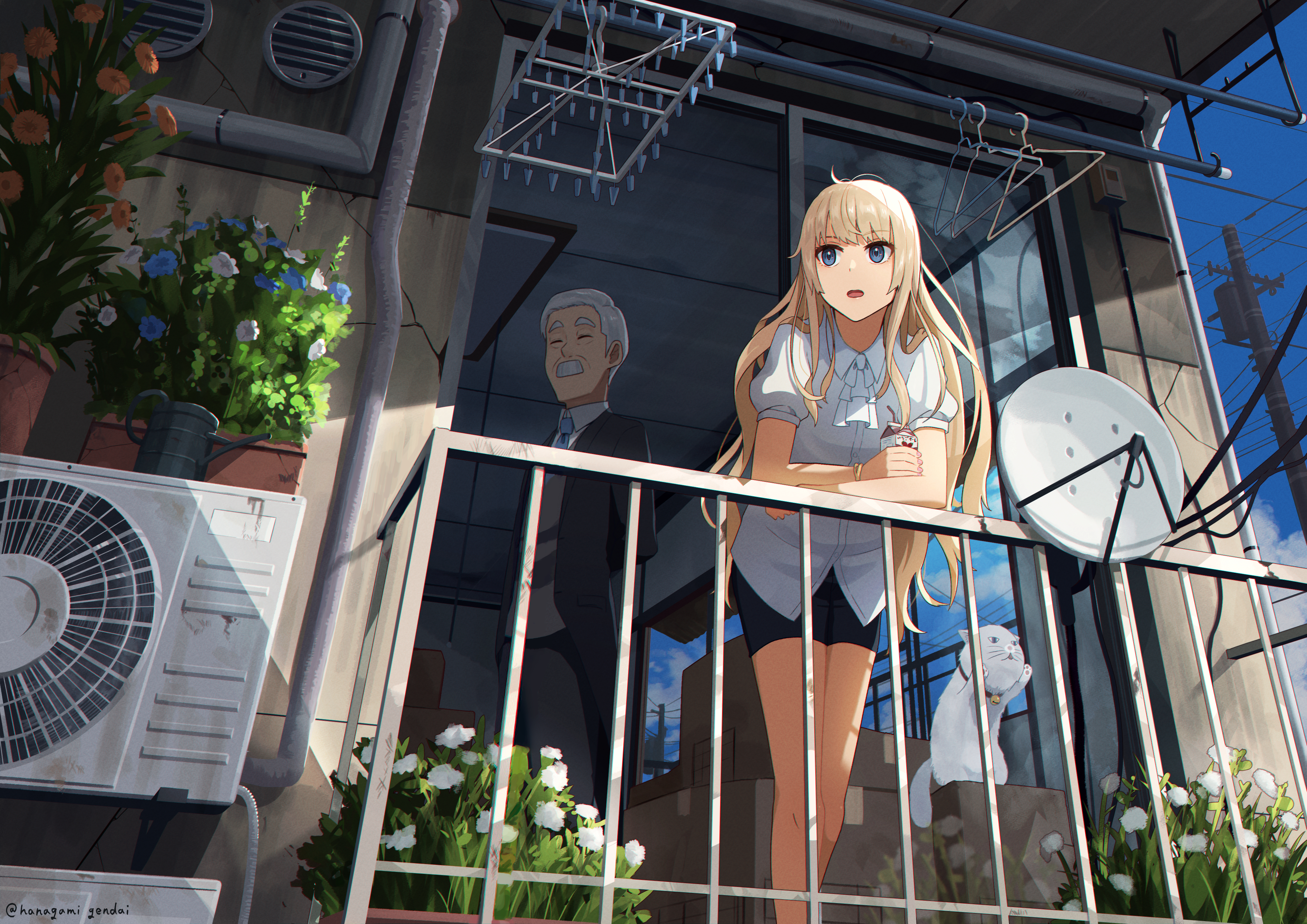 Anime girl on balcony with man and dog HD Wallpaper