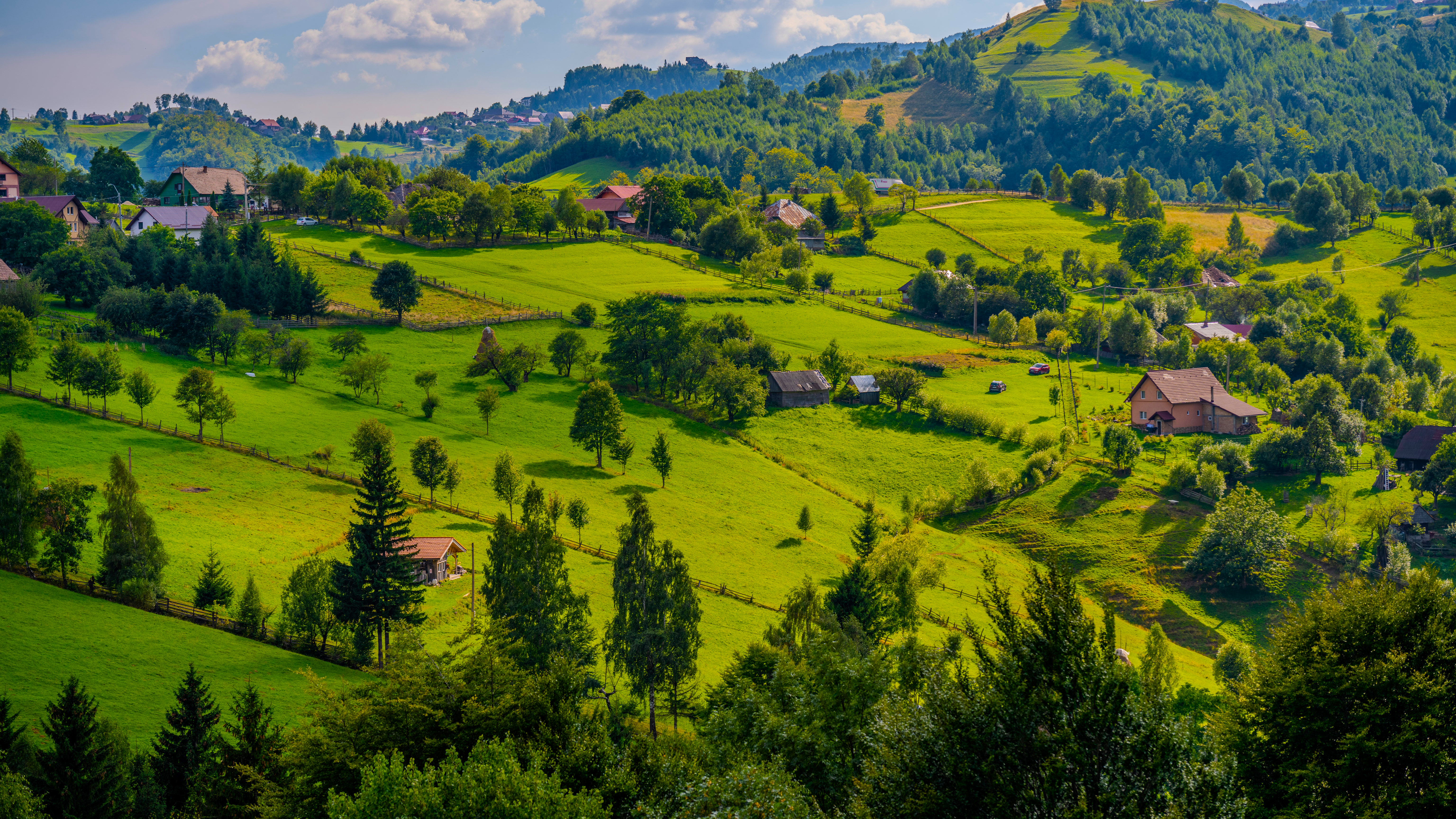 Green rolling hills with scattered houses and trees HD Wallpaper