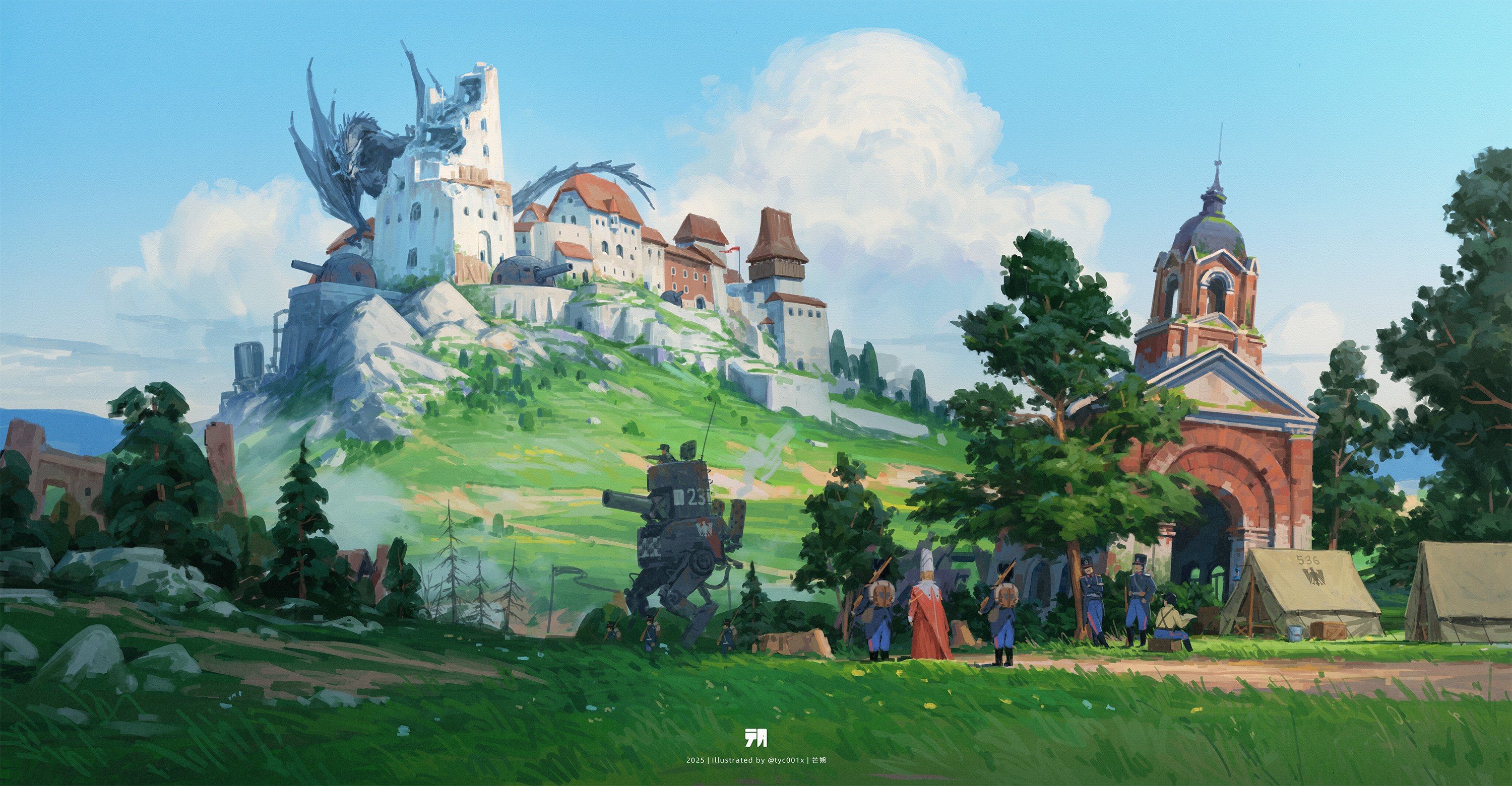 Dragon on a castle with soldiers and a mechanical walker HD Wallpaper