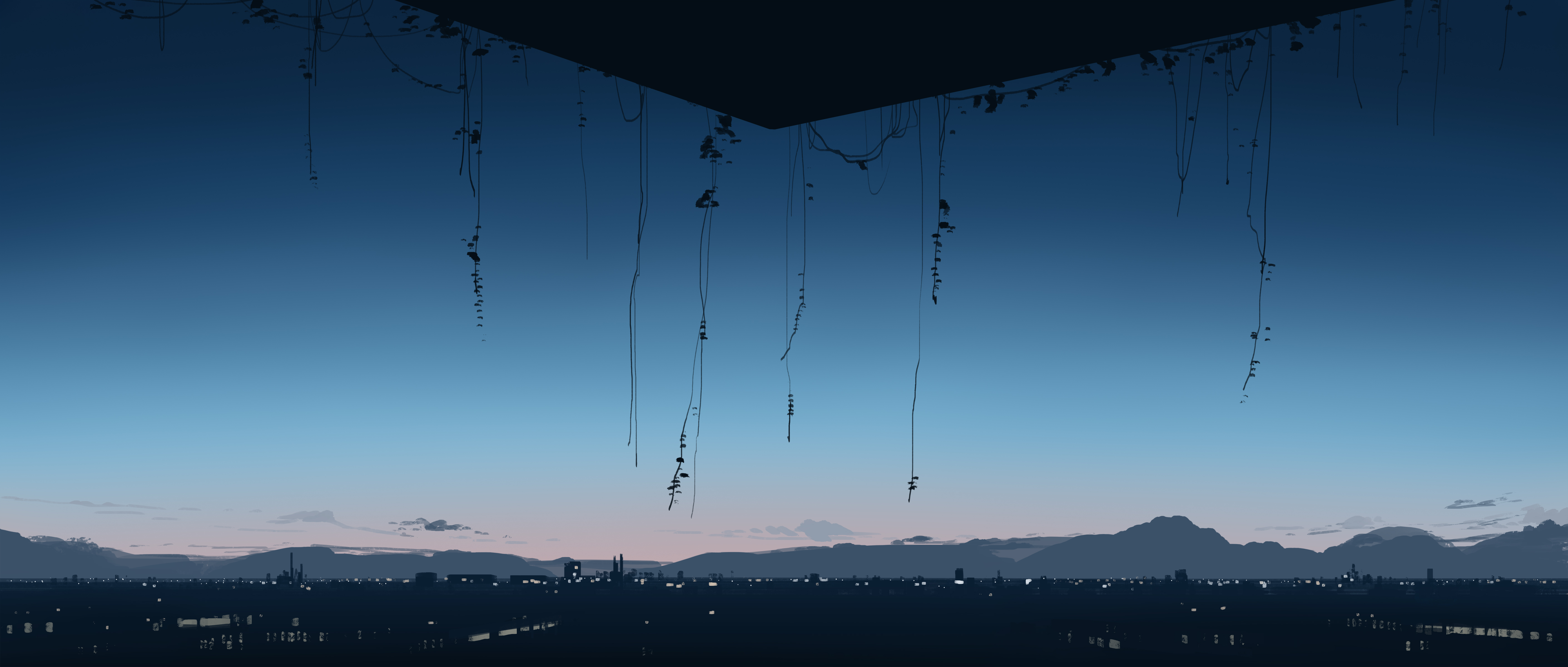 Skyline with hanging vines against a twilight sky HD Wallpaper