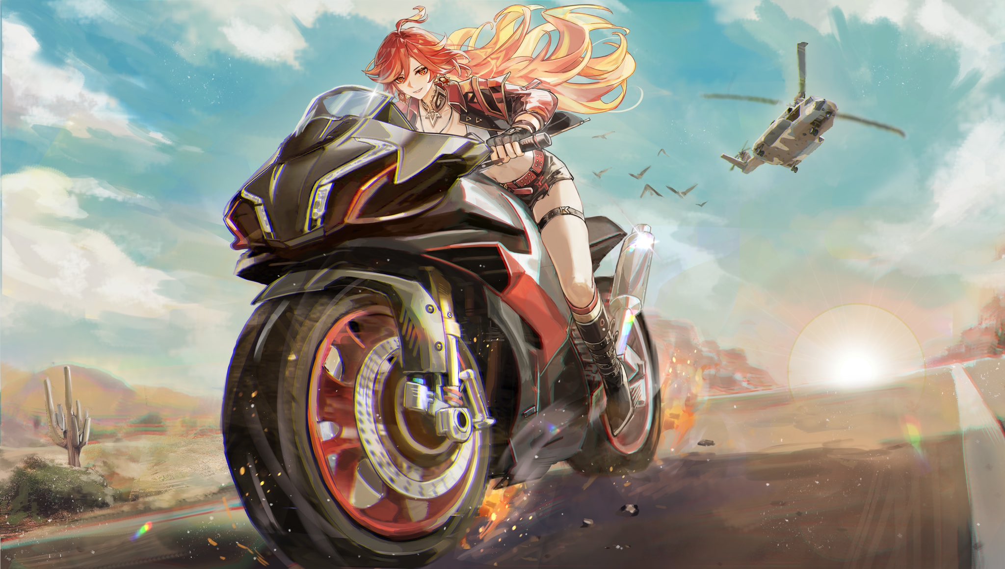 Genshin Impacts Mavuika riding a motorcycle with a helicopter HD Wallpaper