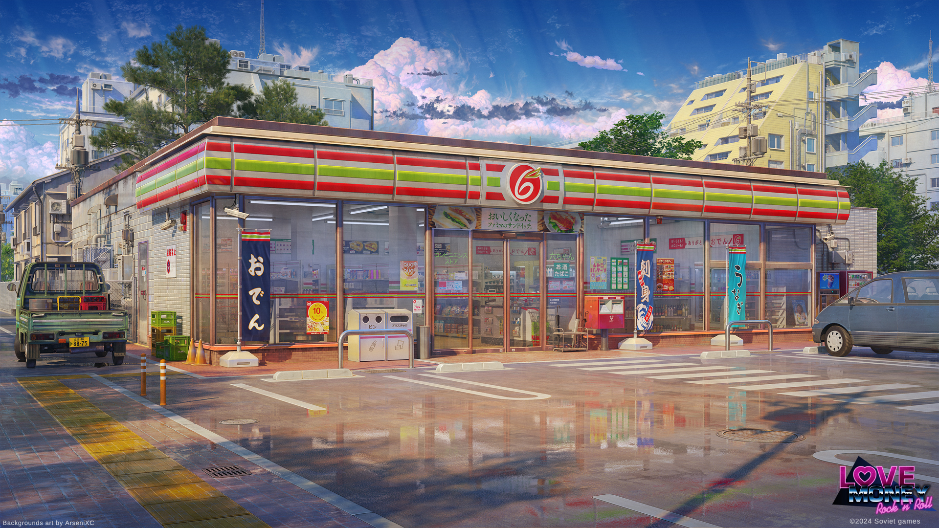 Convenience store with wet pavement and cars HD Wallpaper