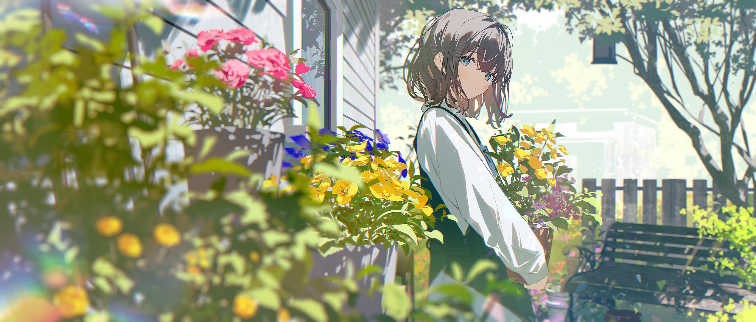 Anime girl with flowers in a garden HD Wallpaper